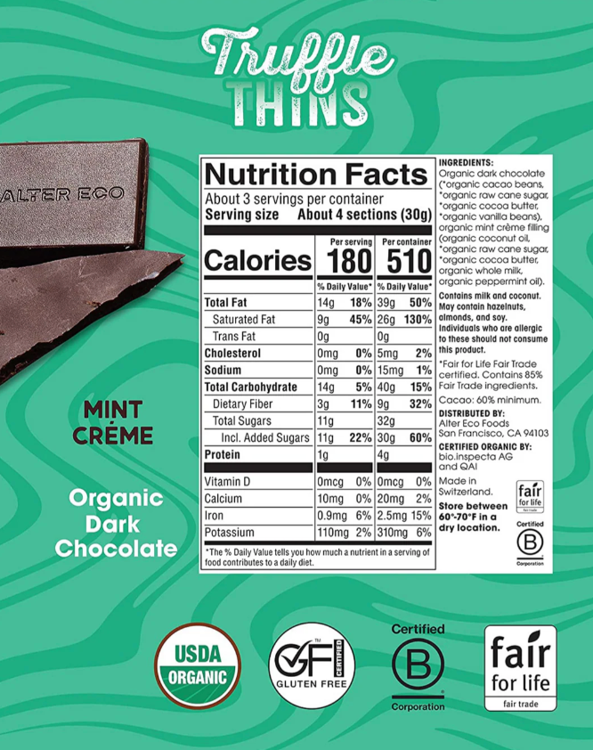 Alter Eco Chocolate Organic Mint Creme Dark Truffle Thins 84g