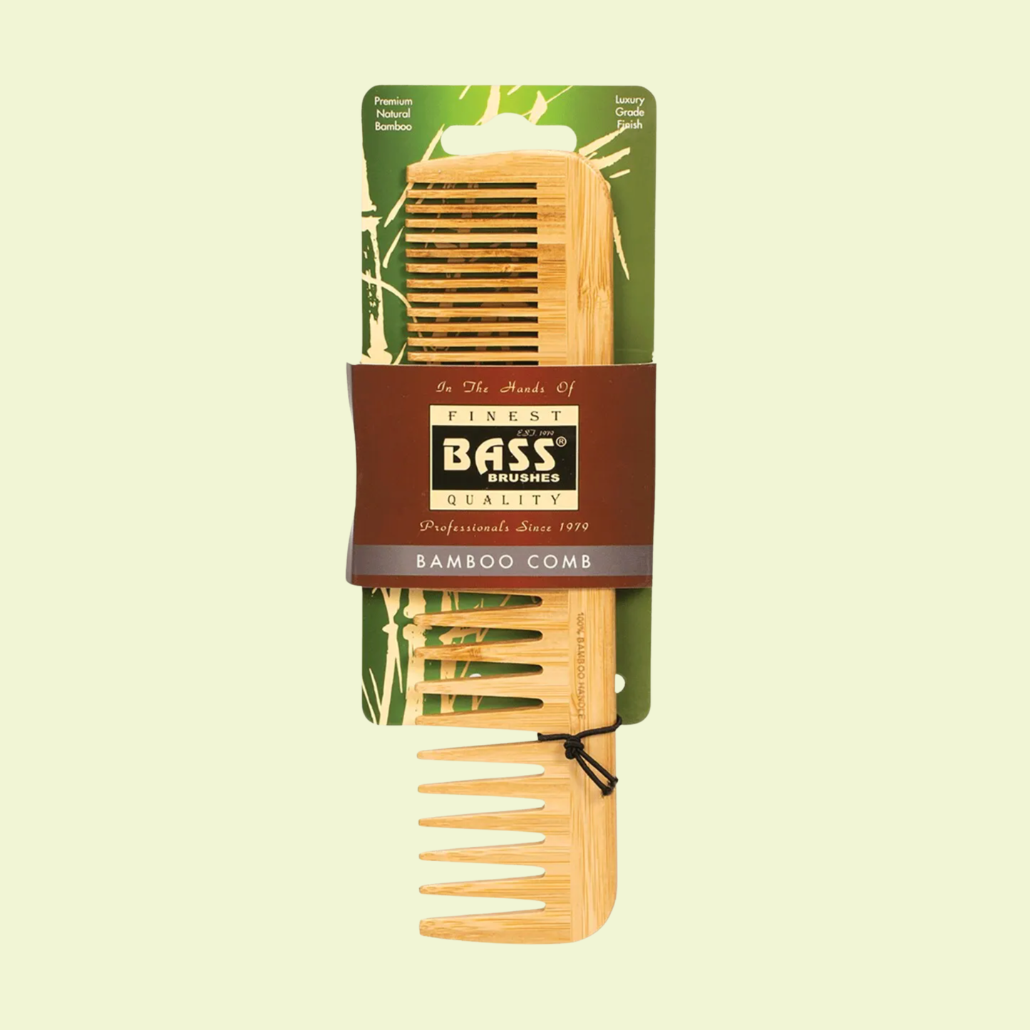 Bass Brushes bamboo comb with packaging on a light green background
