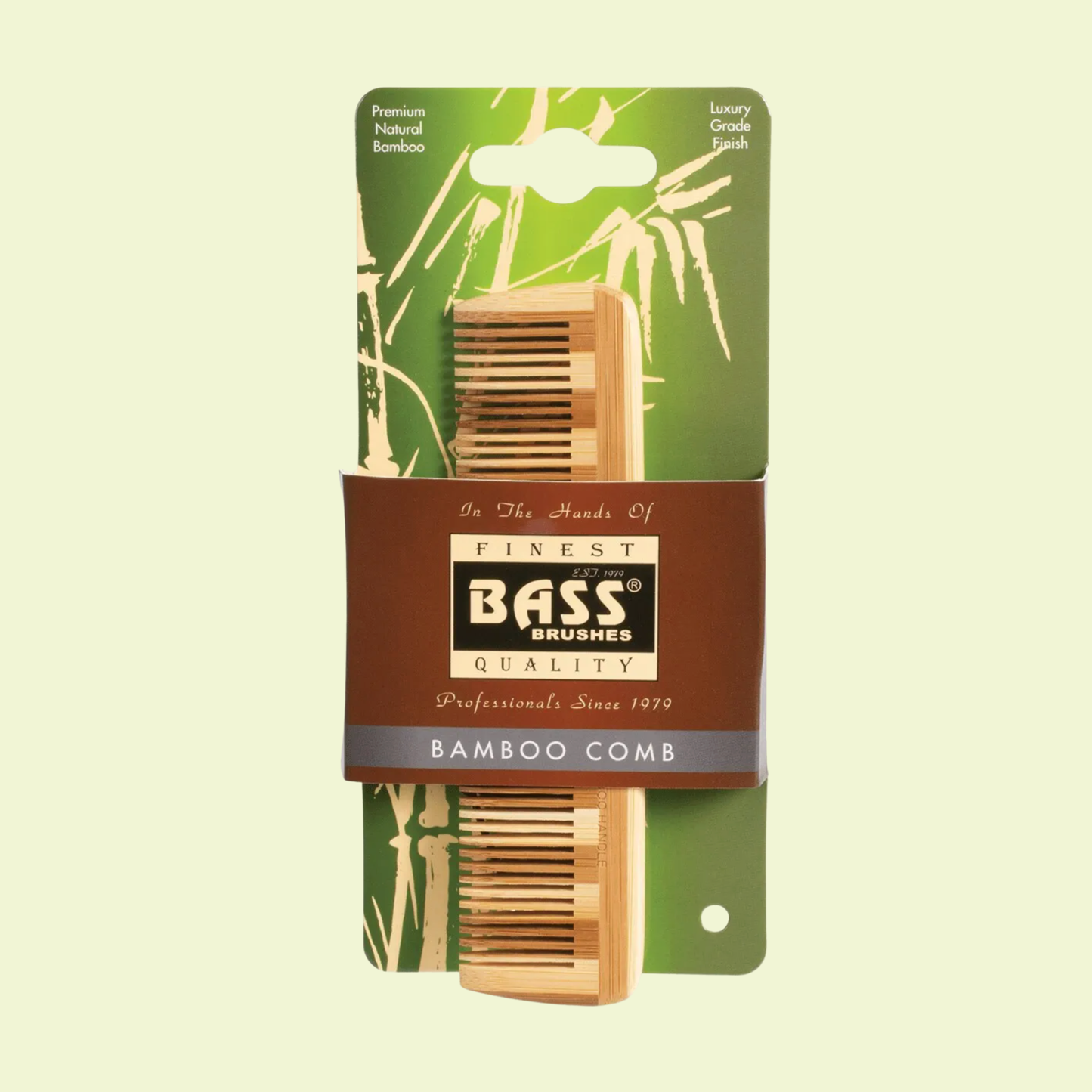 Bass Brushes bamboo comb in packaging with green and brown design