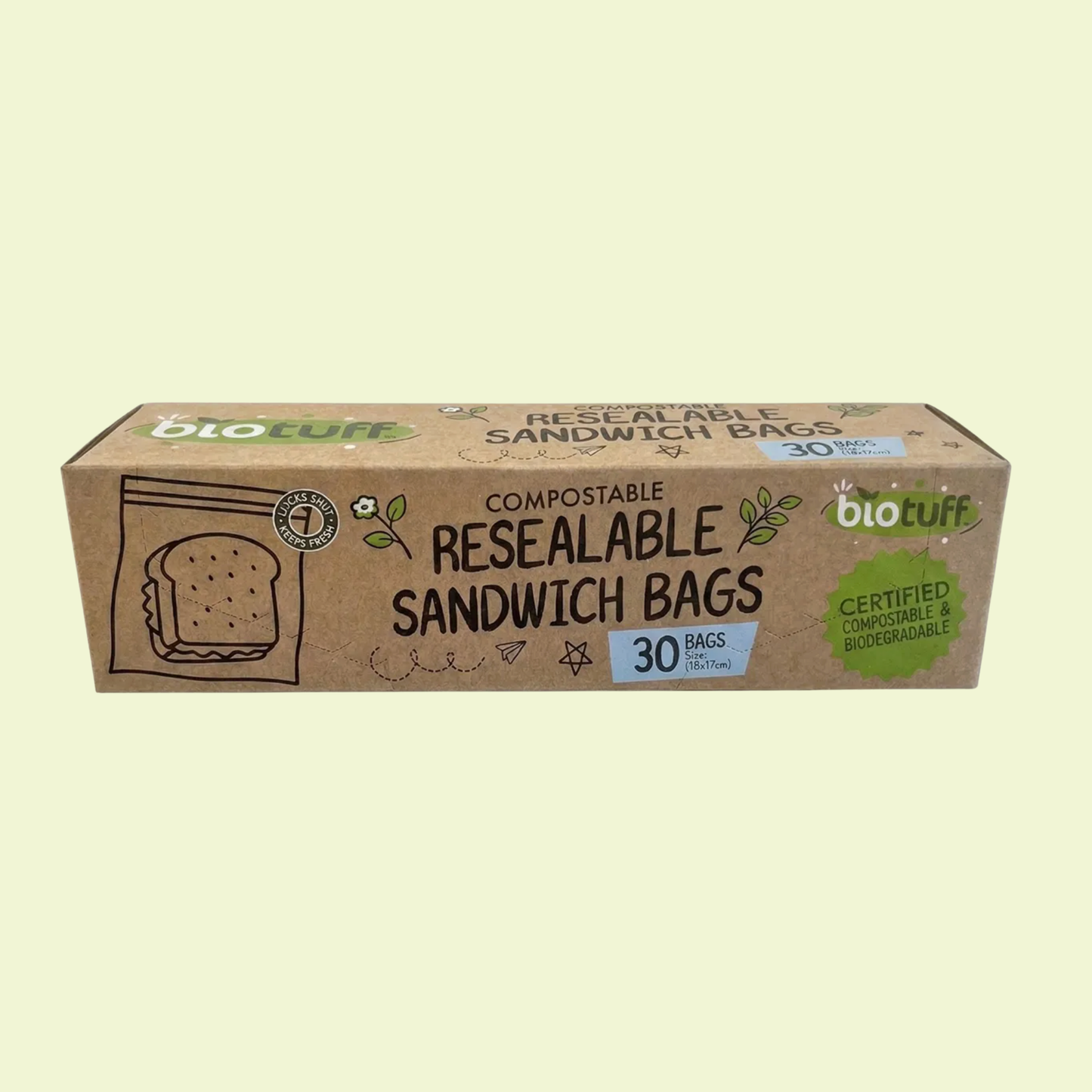 Biotuff Resealable Sandwich Bags 18x17cm 30pk