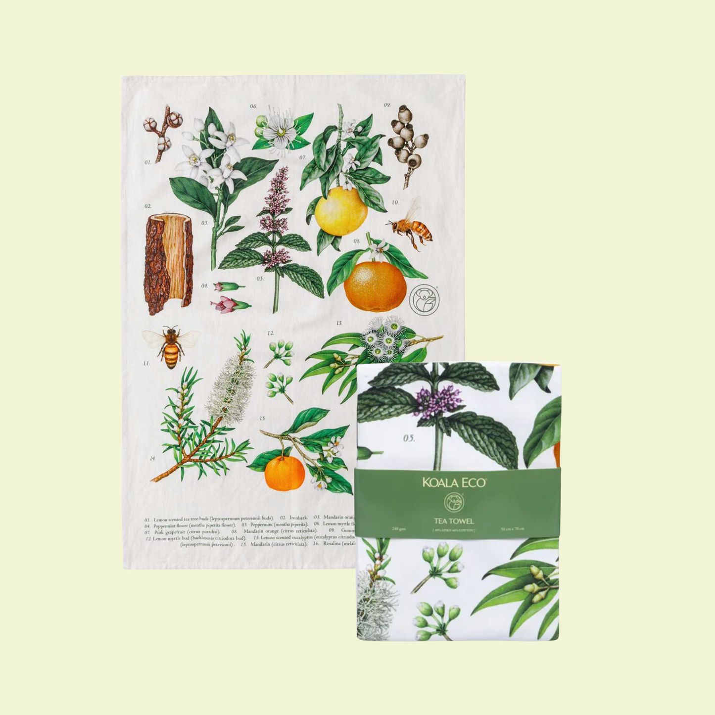 Tea towels with botanical designs and 'Koala Eco' branding on a light green background