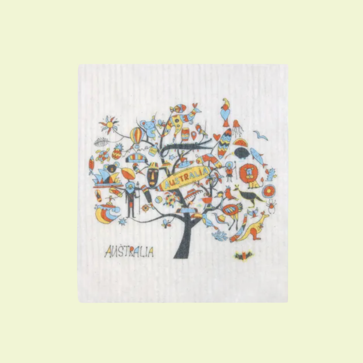 Woven towel with a colorful tree design featuring animals and 'Australia' text on a light yellow background.