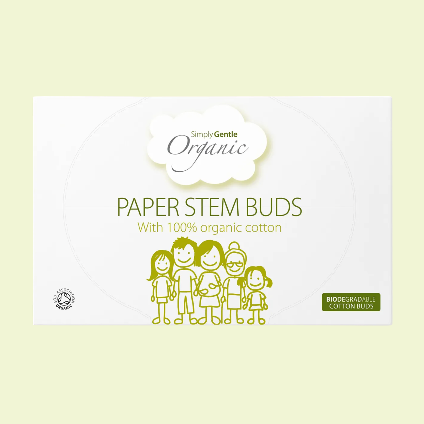 Package of Simply Gentle Organic paper stem buds with 100% organic cotton on a light yellow background.