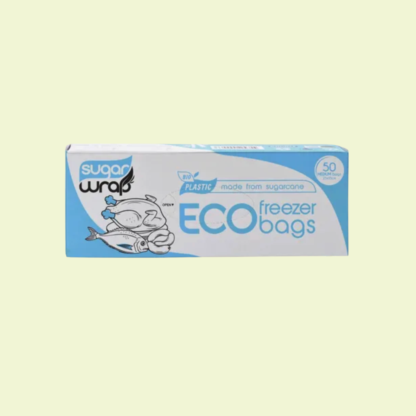 Box of Sugar Wrap eco freezer bags on a light green background