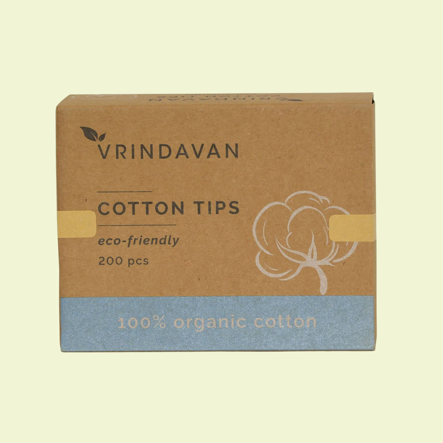 Box of Vrindavan cotton tips with eco-friendly and organic cotton text on a beige background