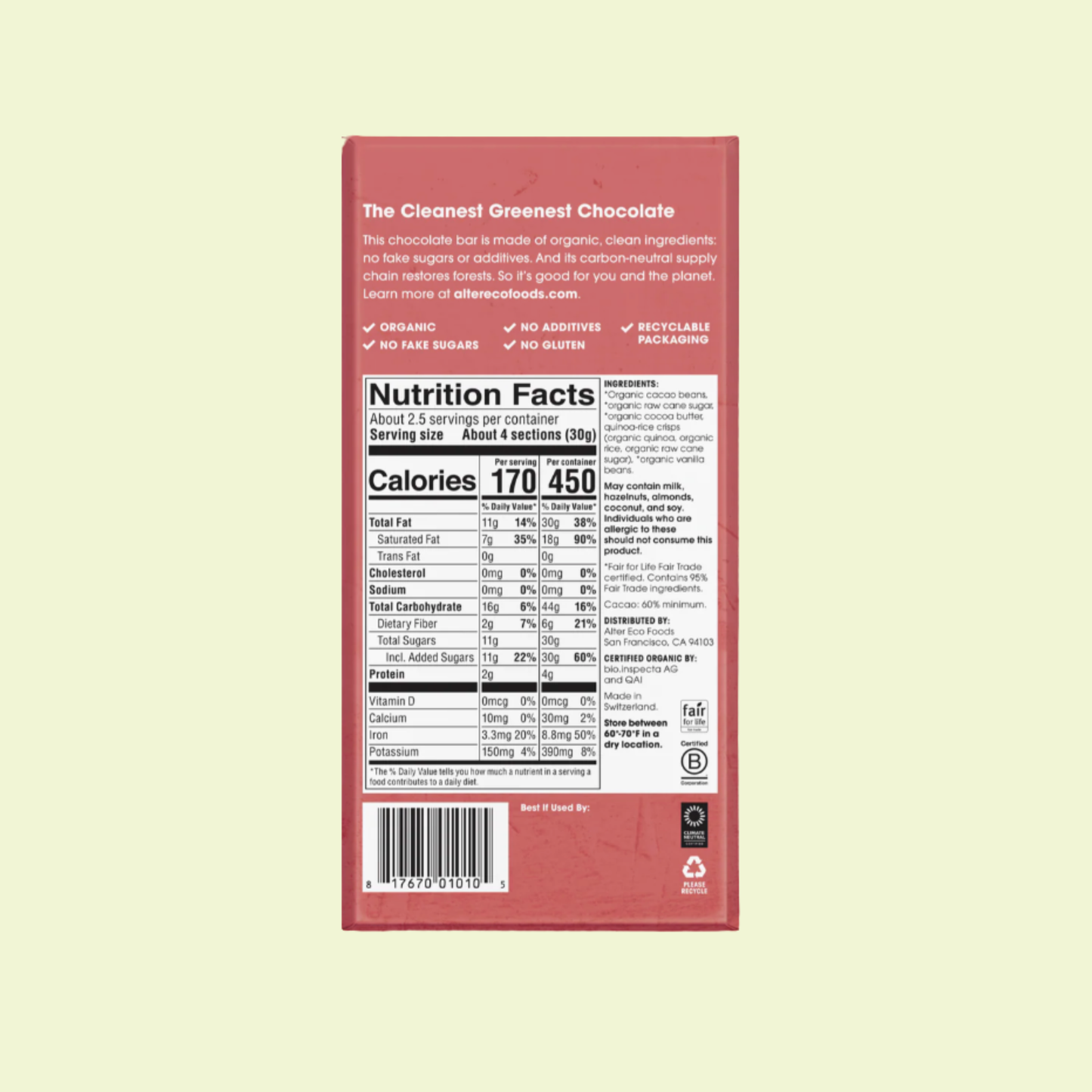 Nutrition facts label on a red product packaging with a beige background