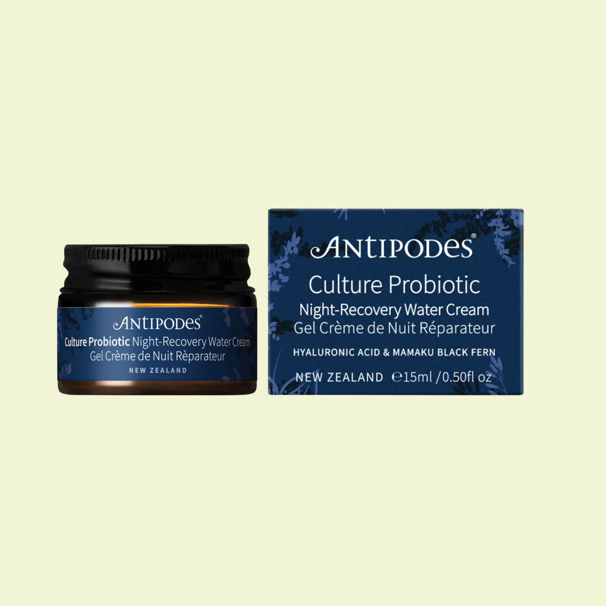 Antipodes Culture Probiotic Night-Recovery Water Cream jar and packaging on a light beige background