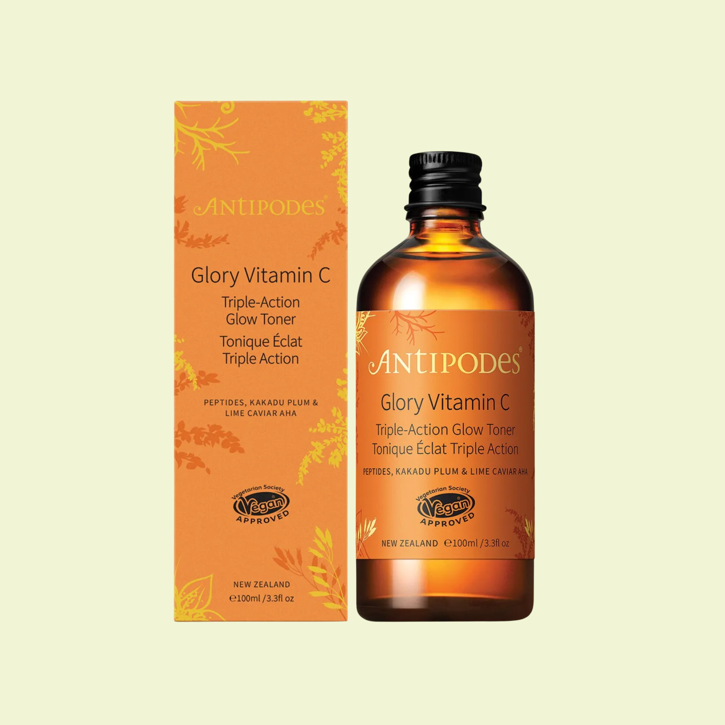 Antipodes Glory Vitamin C skincare product with packaging on a light yellow background