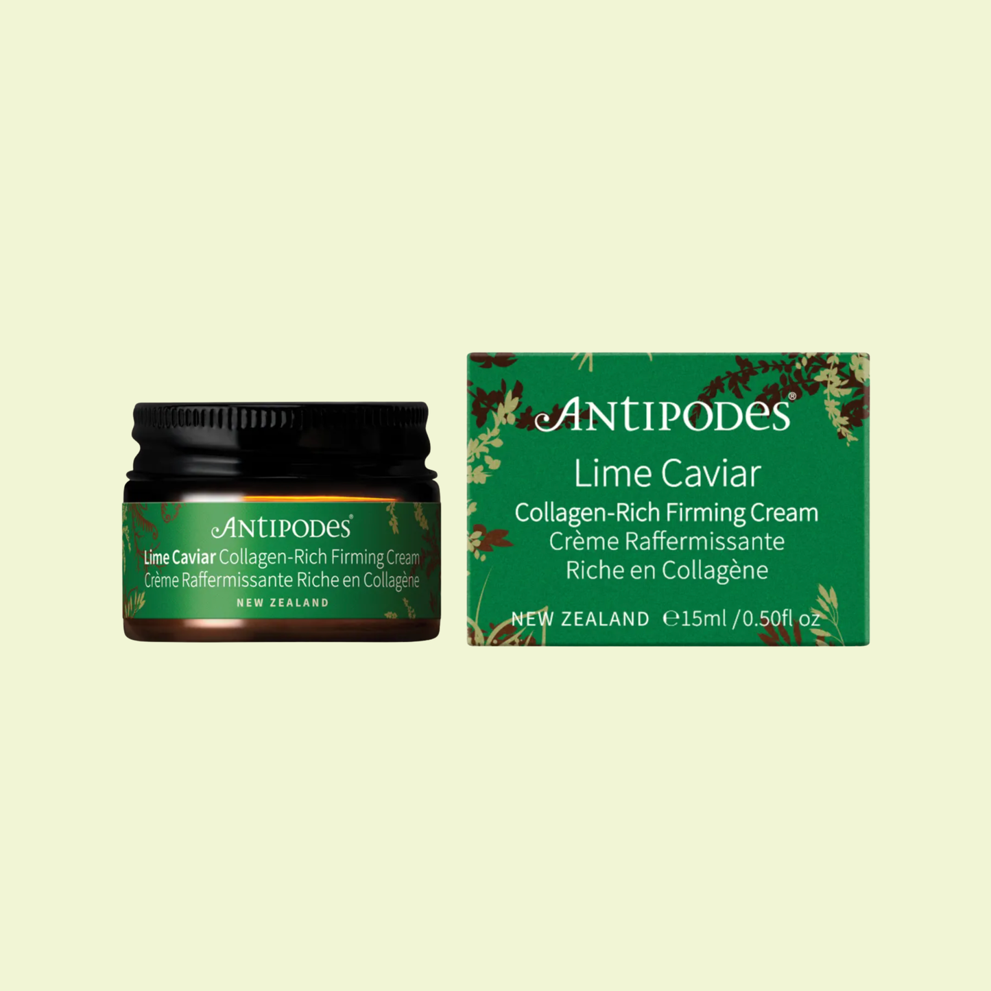 Antipodes Lime Caviar Collagen-Rich Firming Cream packaging on a beige background