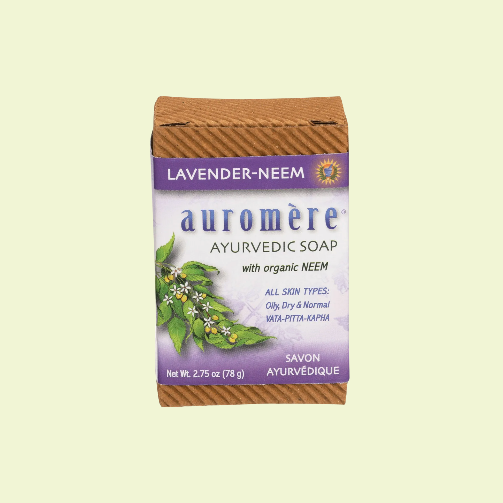 Auromère Lavender-Neem Ayurvedic Soap packaging on a light yellow background