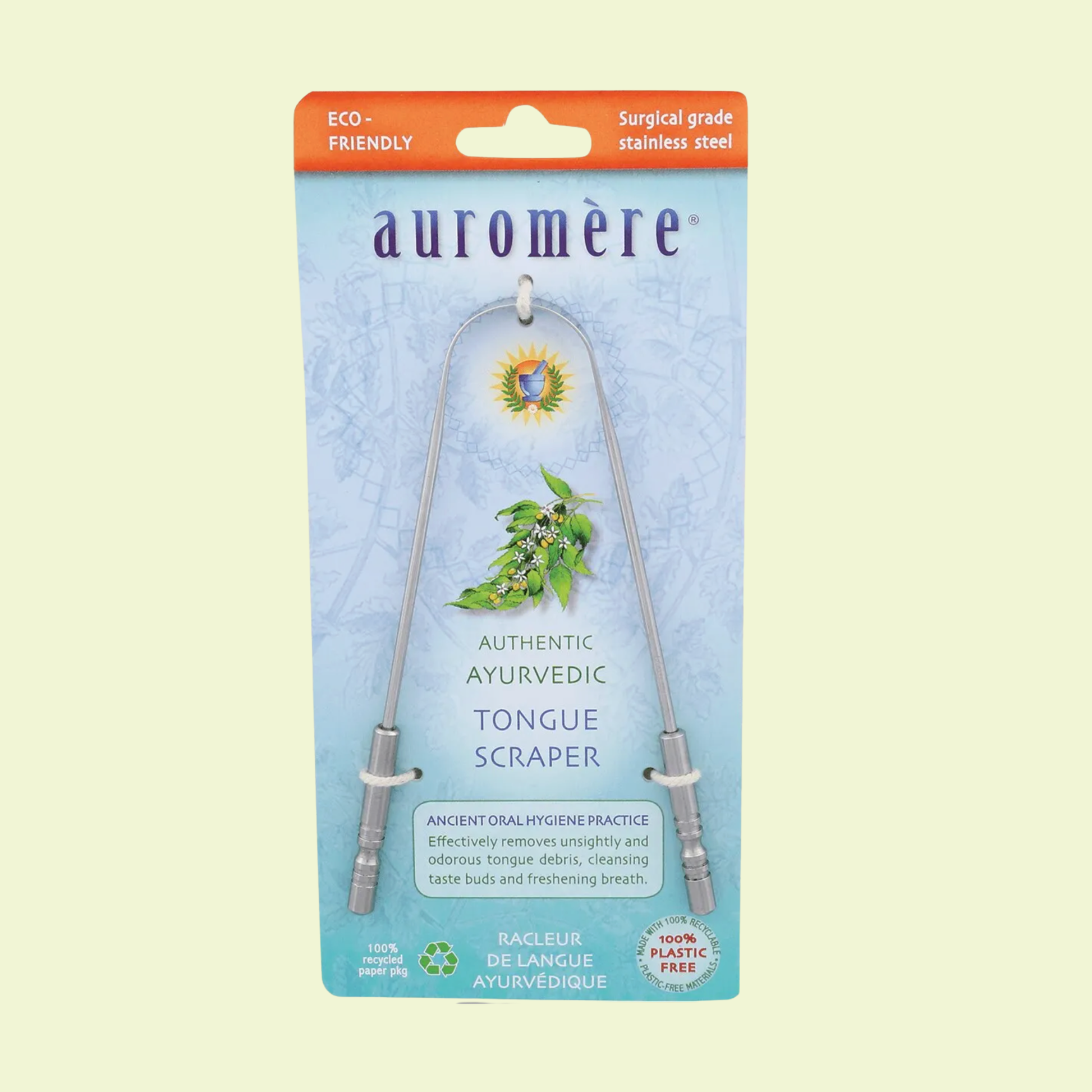 Auromère tongue scraper packaging on a light beige background