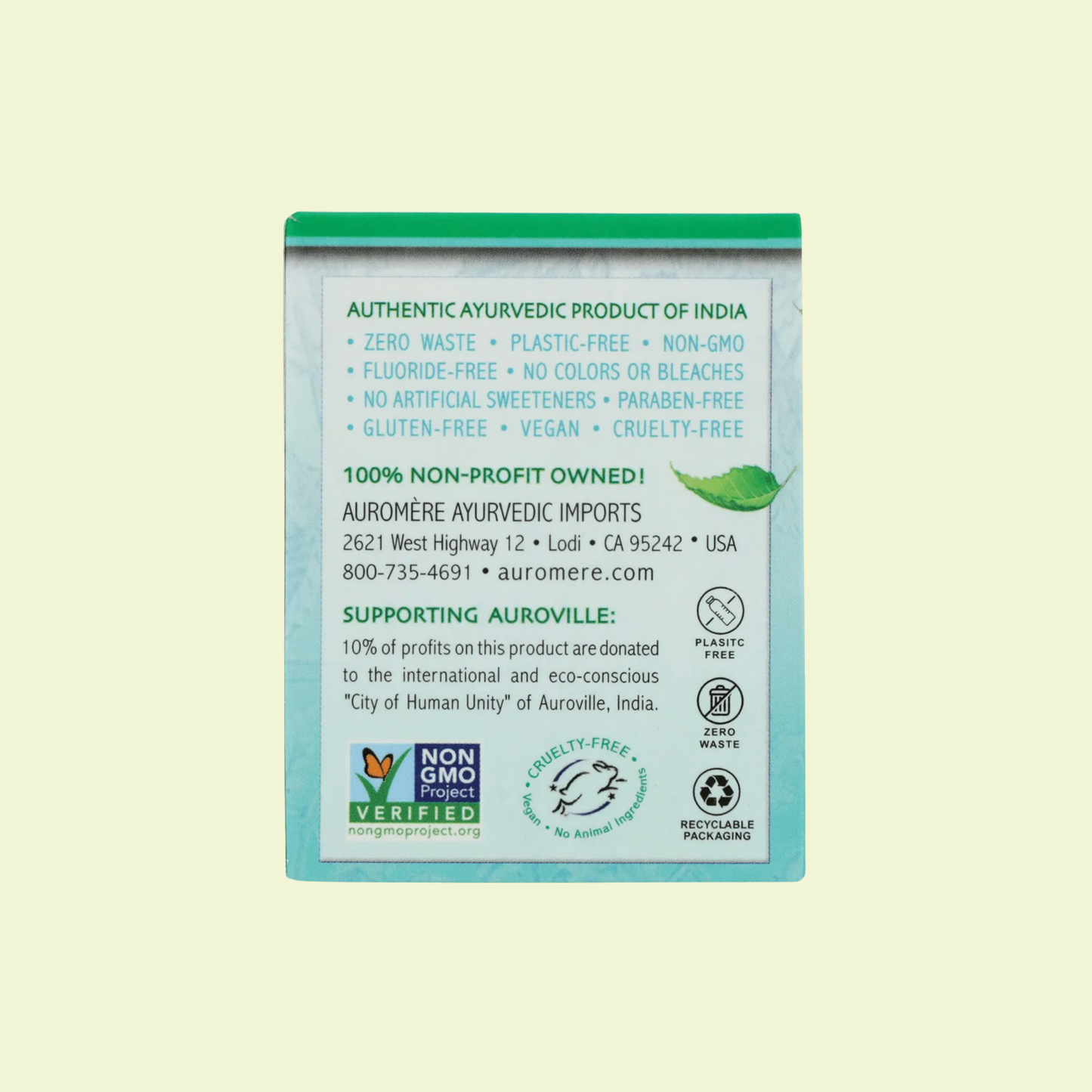 Back of a product packaging with certification logos and text on a light green background