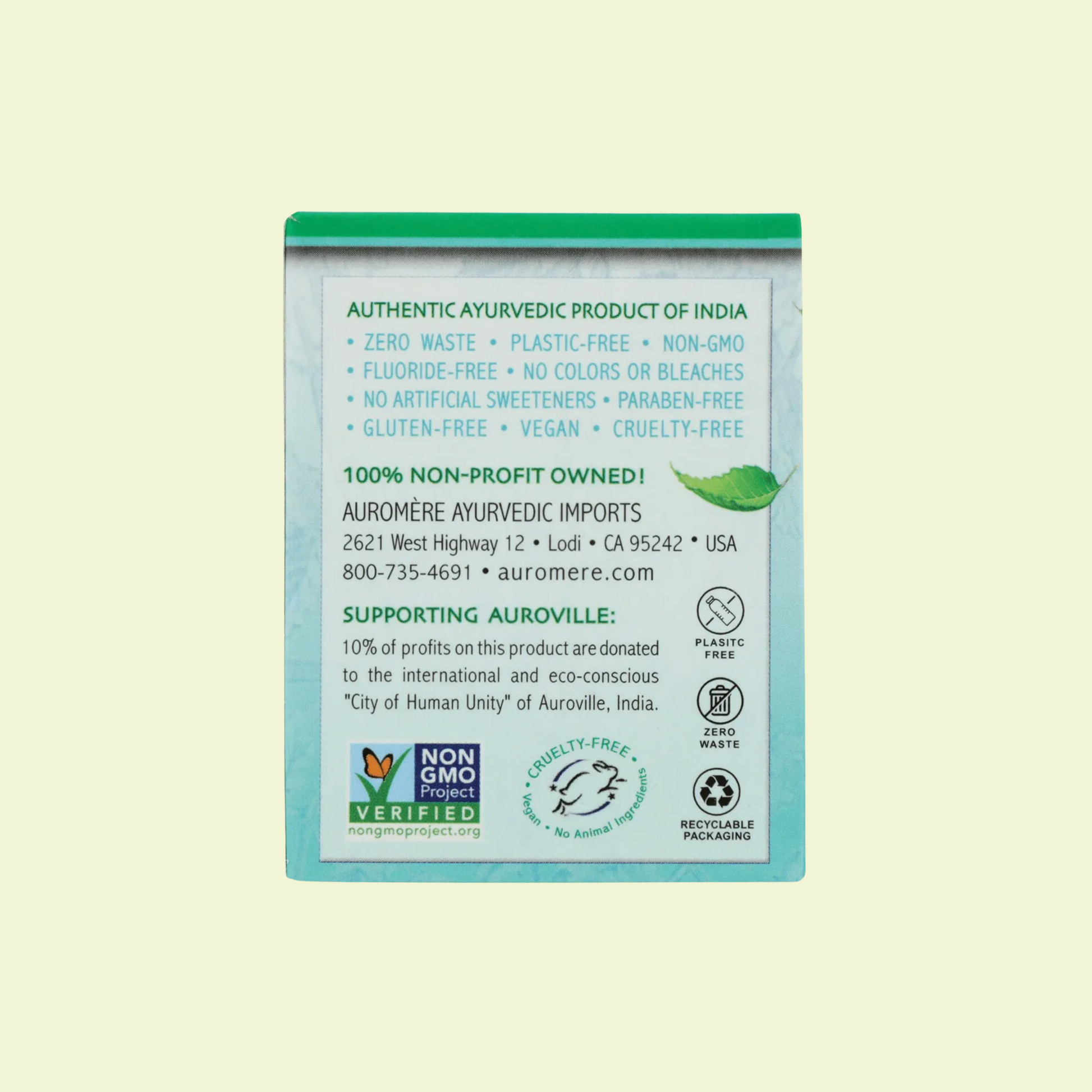Back of a product packaging with certification logos and text on a light green background