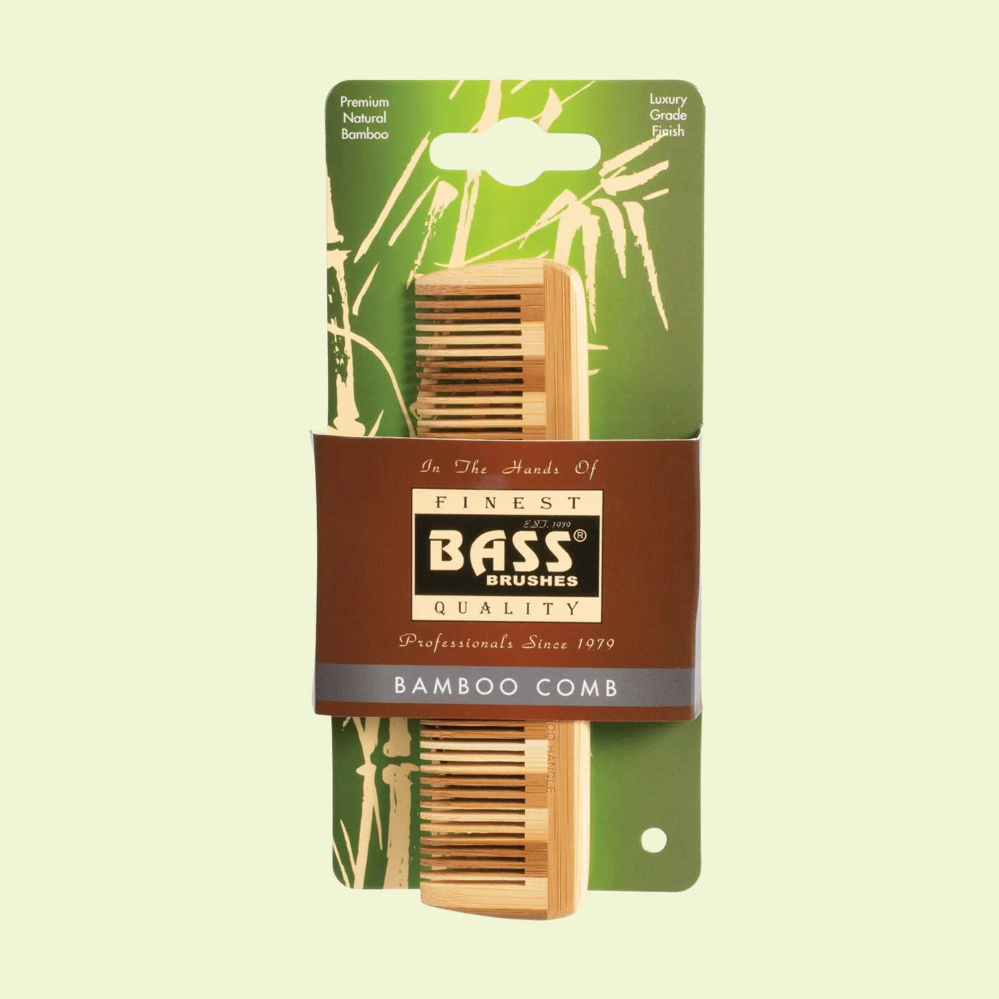 Bass Brushes bamboo comb in packaging with green and brown design