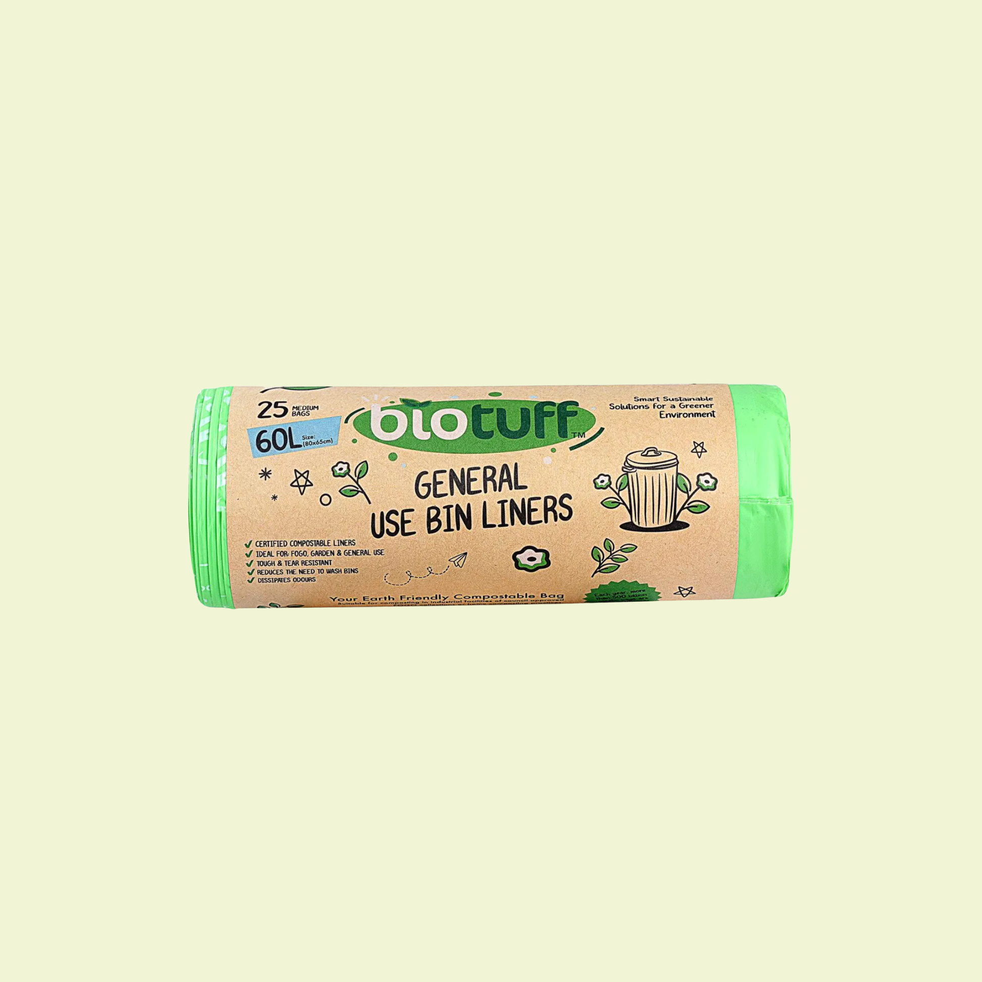 Roll of OloTuff general use bin liners on a beige background