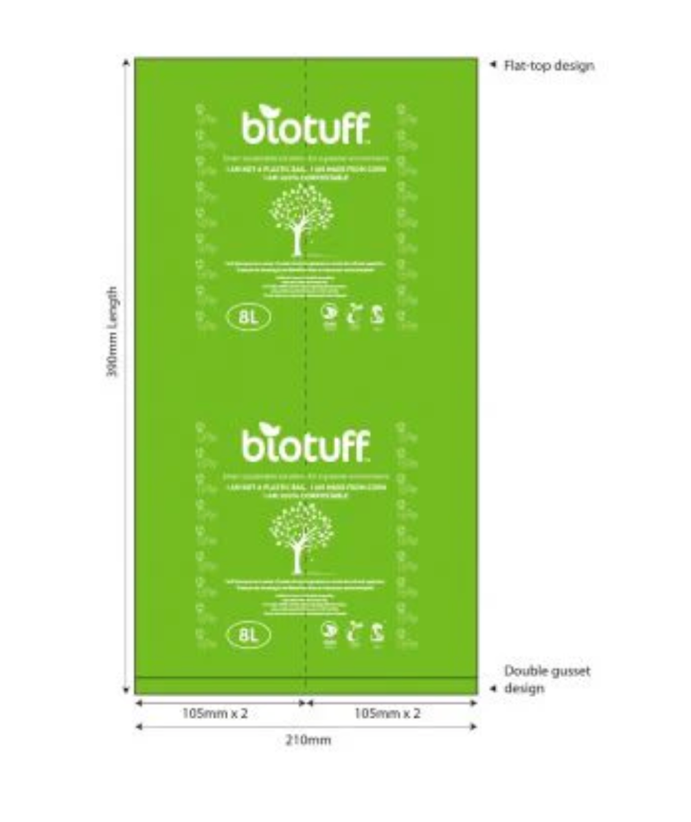Green packaging of Blotuff with dimensions and design details on a white background