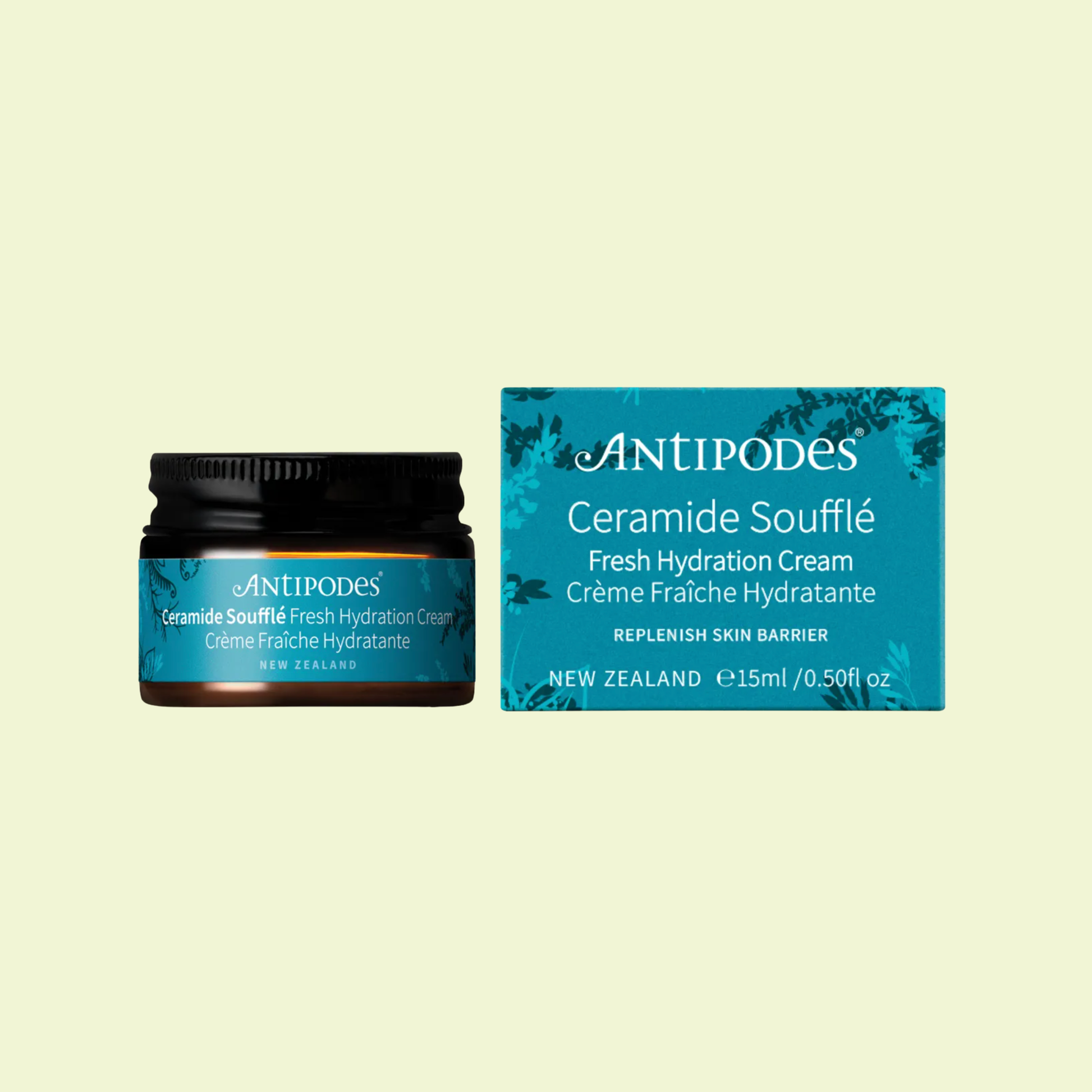 Antipodes Ceramide Souffle Fresh Hydration Cream jar and packaging on a light beige background
