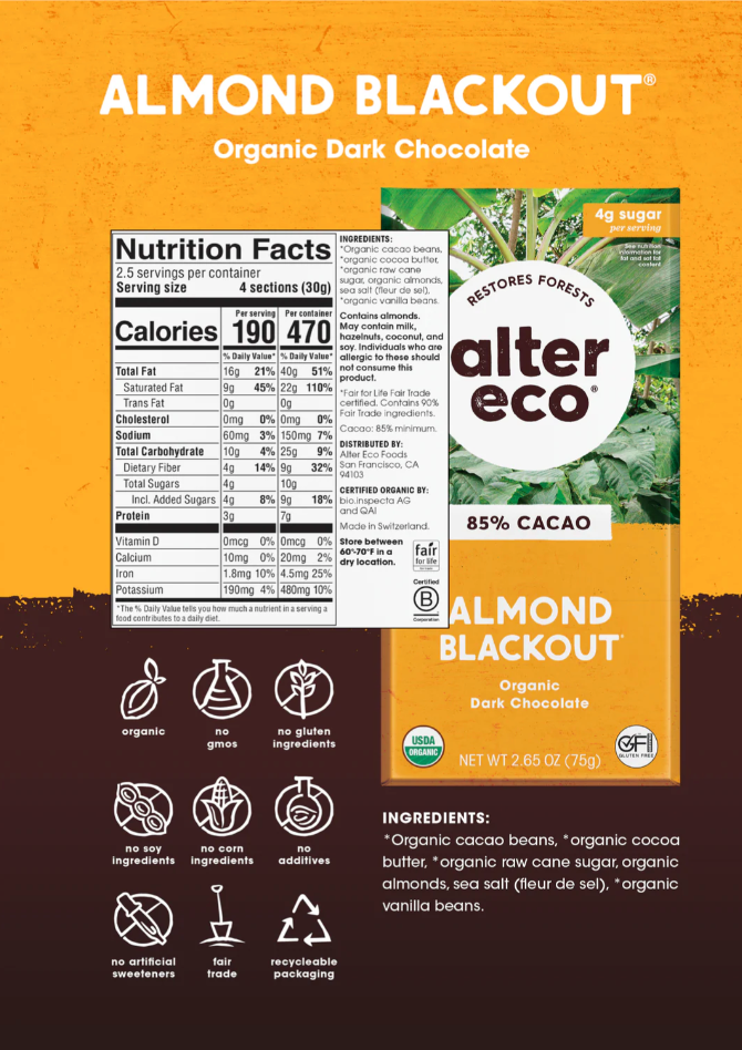 Chocolate Organic Dark Almonds Blackout 75g