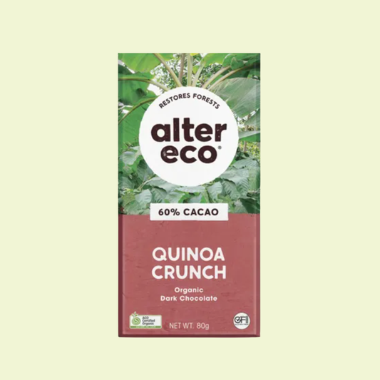 Alter Eco Quinoa Crunch chocolate bar packaging on a light green background