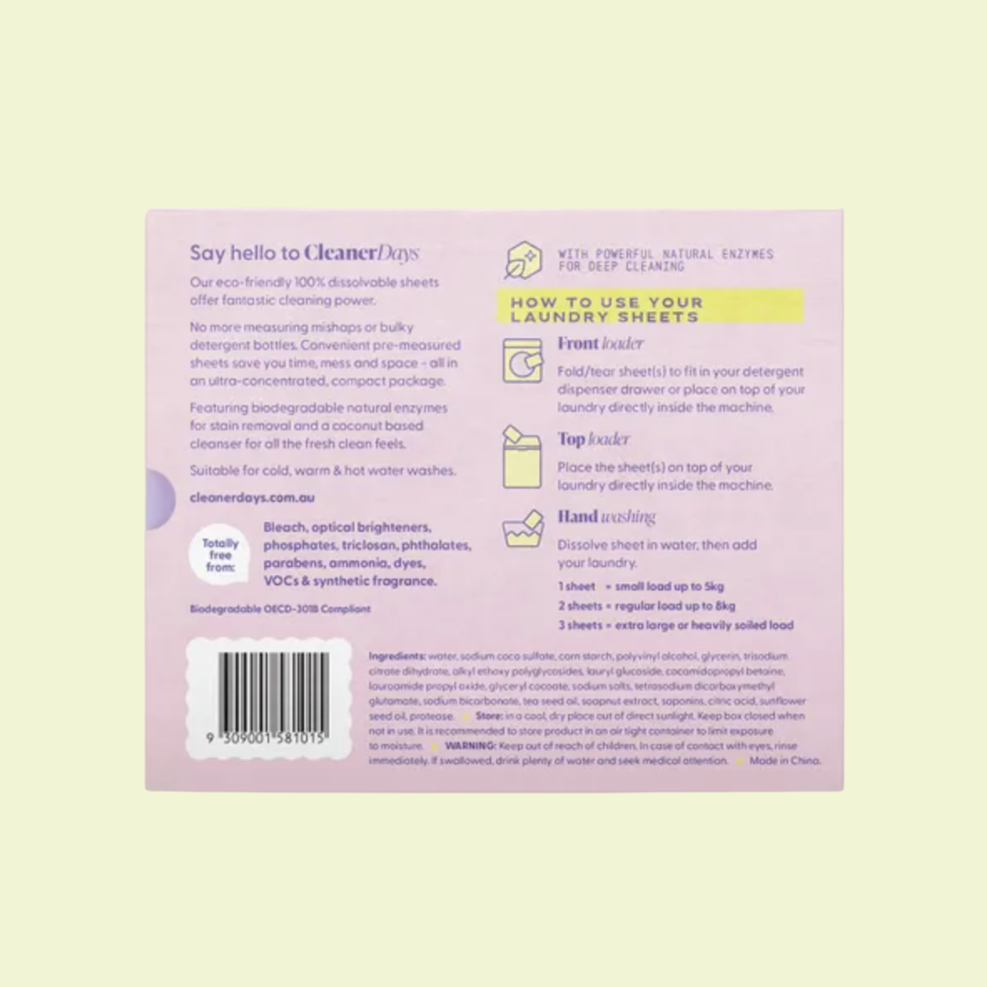 Back of a laundry detergent packaging with text and a barcode on a light green background