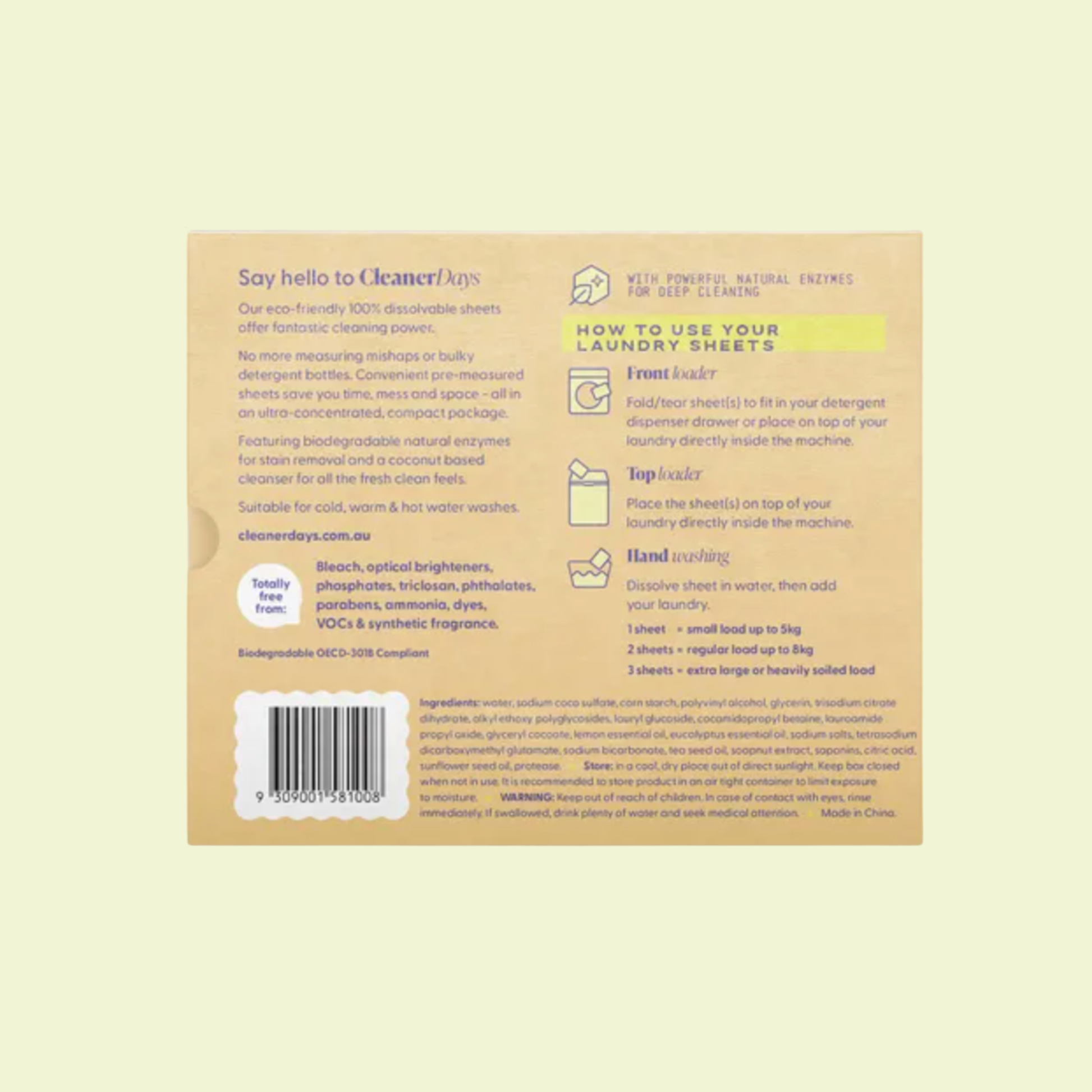 Back of a laundry detergent packaging with text and a barcode on a beige background