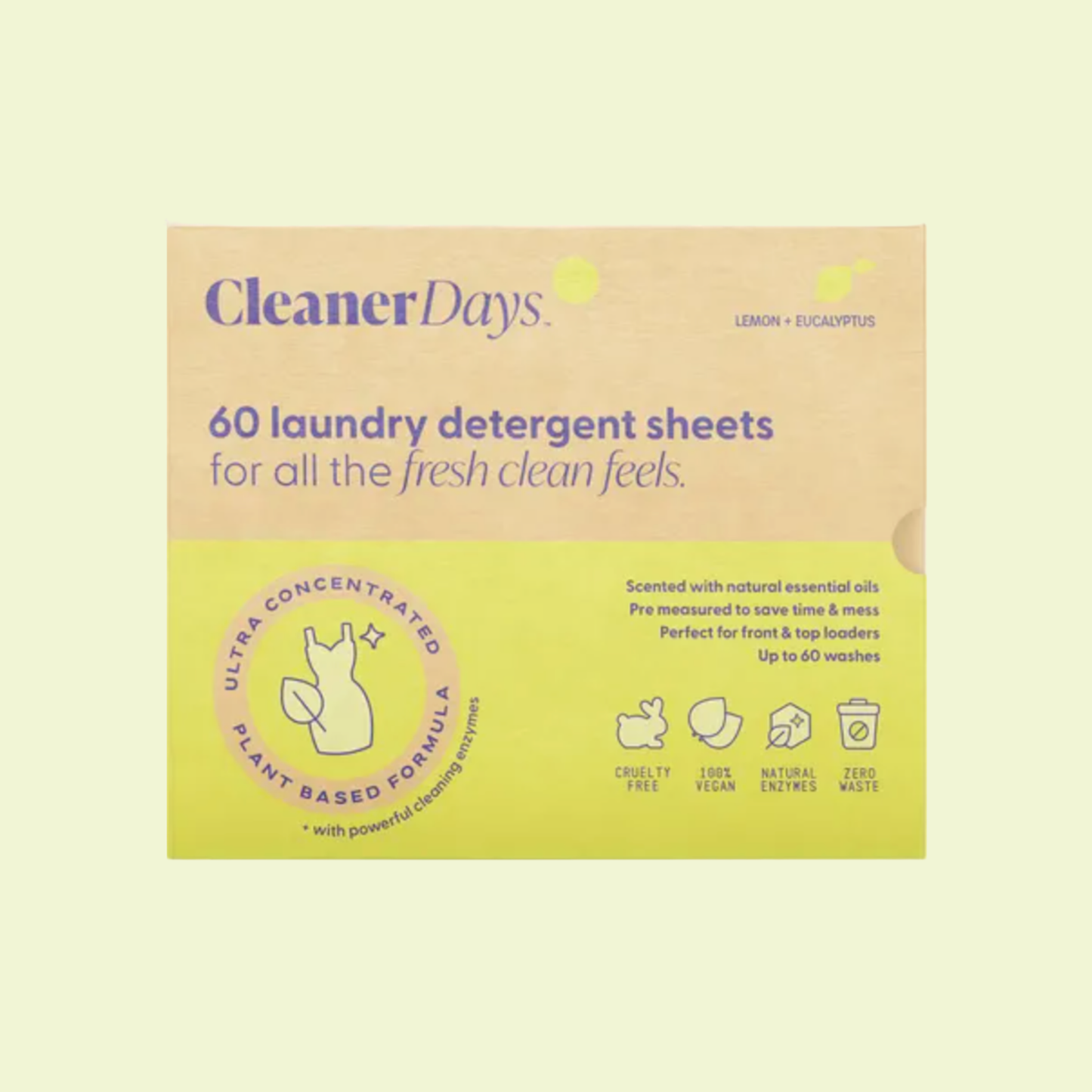 Box of CleanerDays laundry detergent sheets on a light yellow background