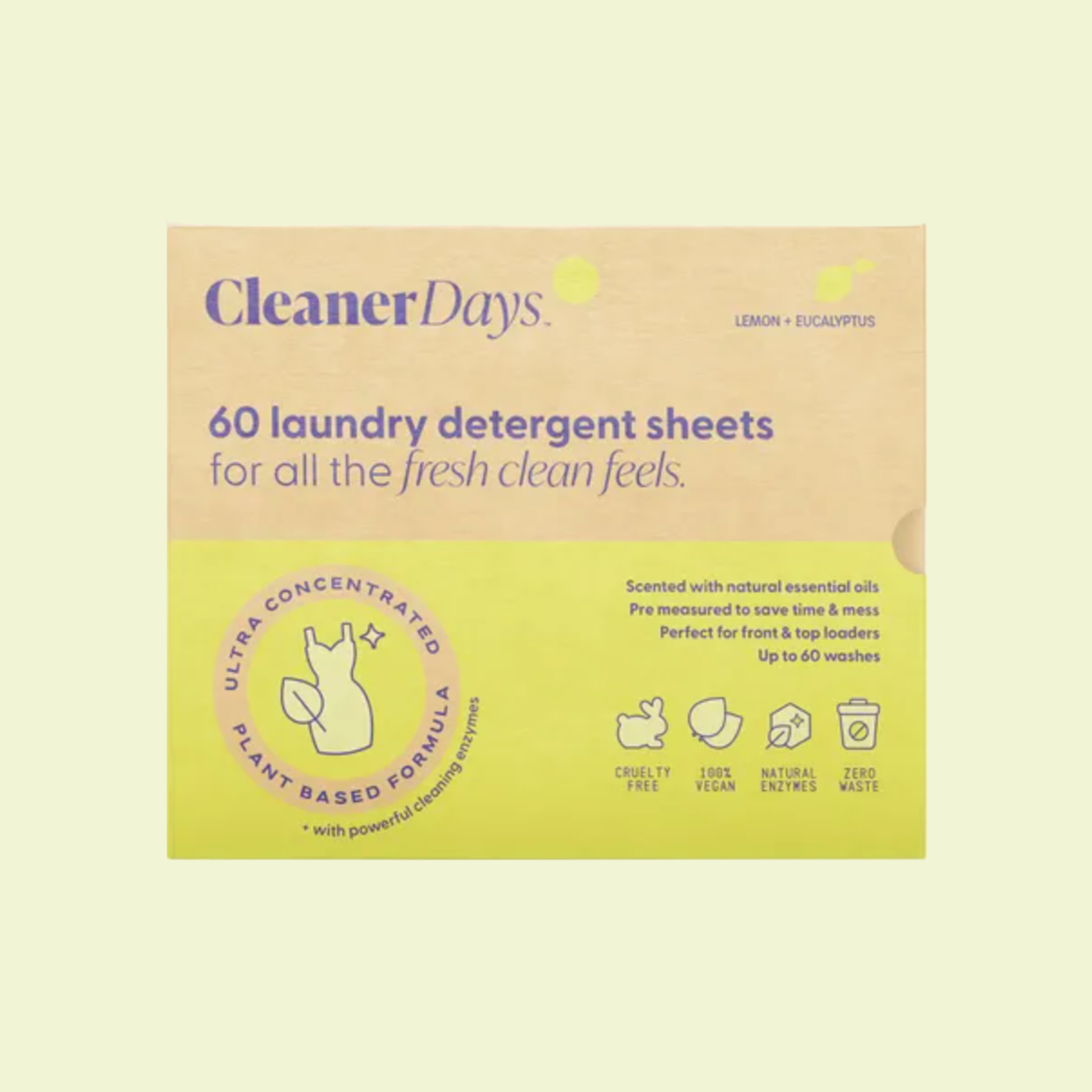 Box of CleanerDays laundry detergent sheets on a light yellow background