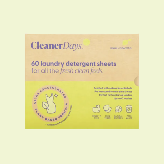 Box of CleanerDays laundry detergent sheets on a light yellow background