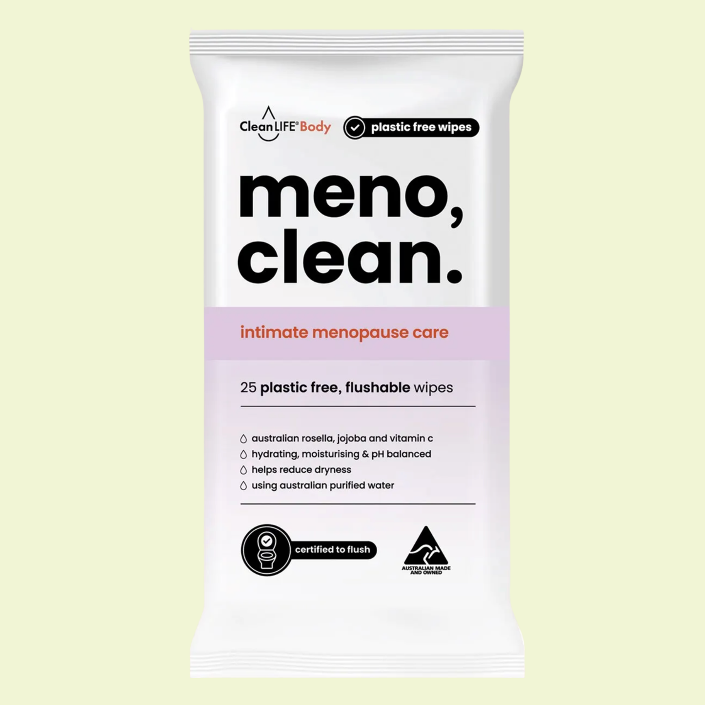 Pack of 'meno, clean.' intimate menopause care wipes on a light yellow background