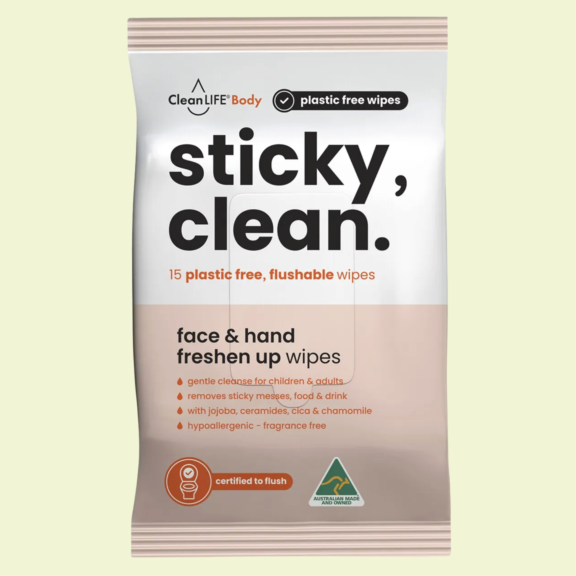 Pack of CleanLife Body sticky, clean wipes on a light yellow background