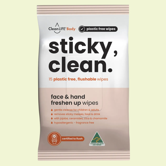 Pack of CleanLife Body sticky, clean wipes on a light yellow background