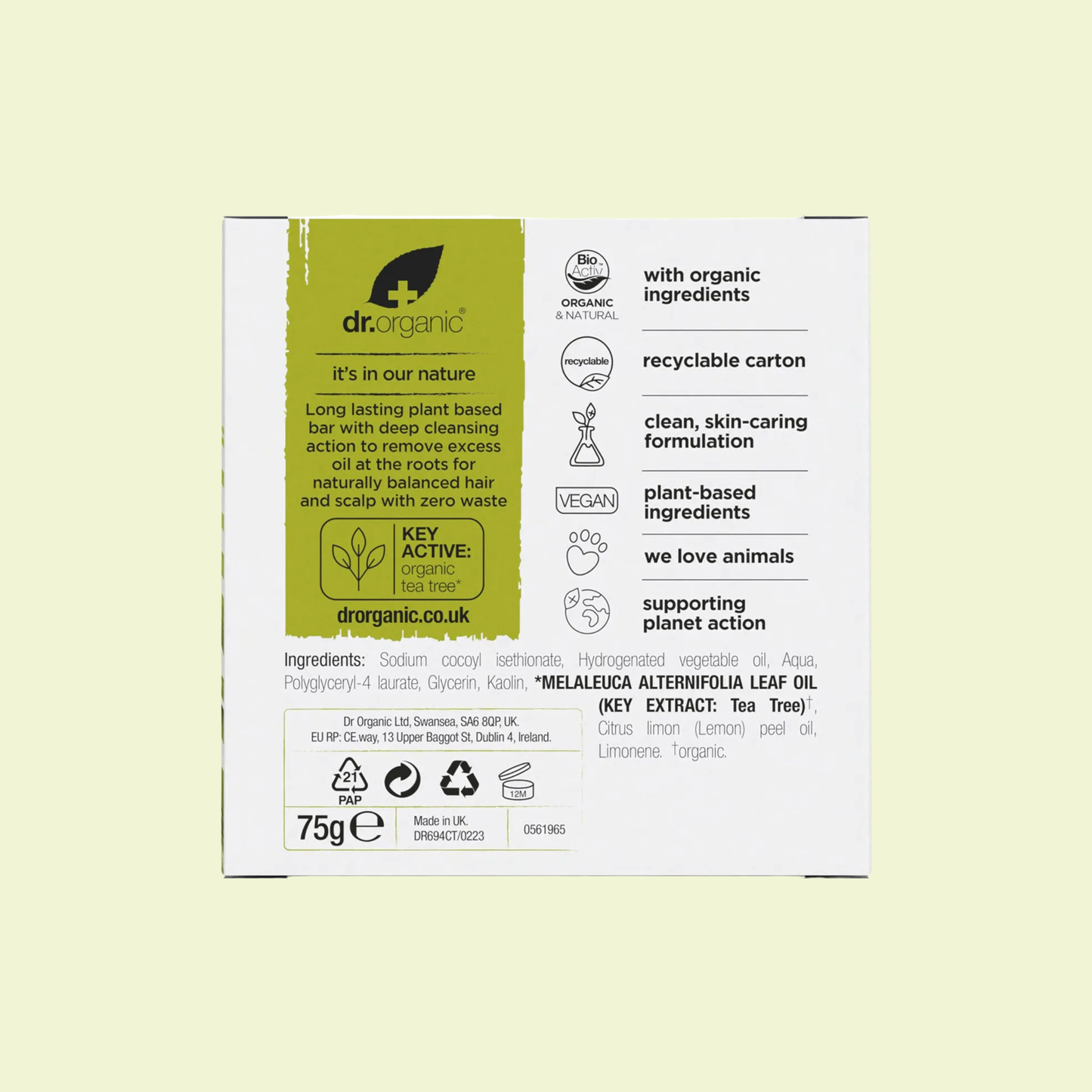 Dr. Organic product packaging with green and white design on a light yellow background