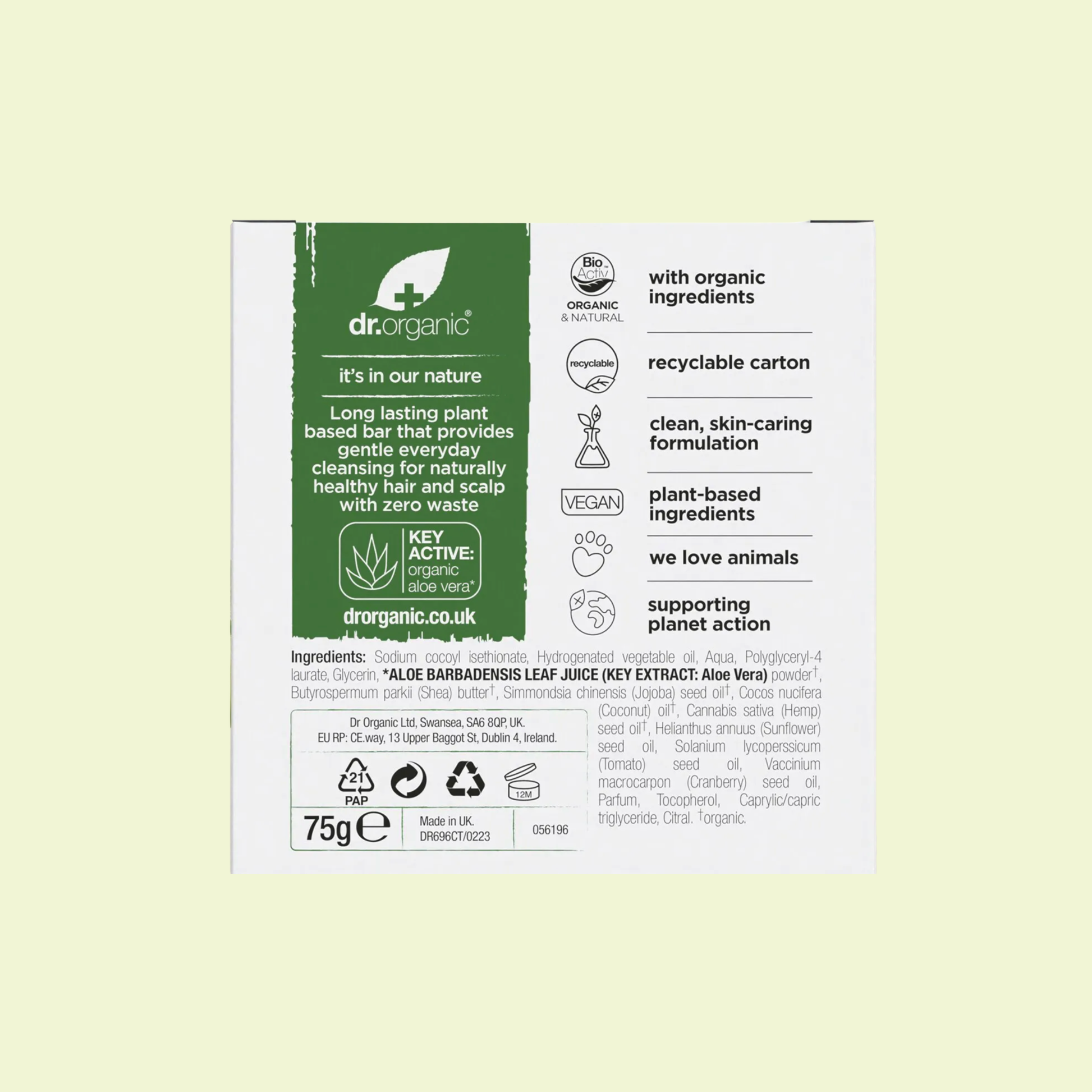 Dr. Organic product packaging with green and white design on a light yellow background