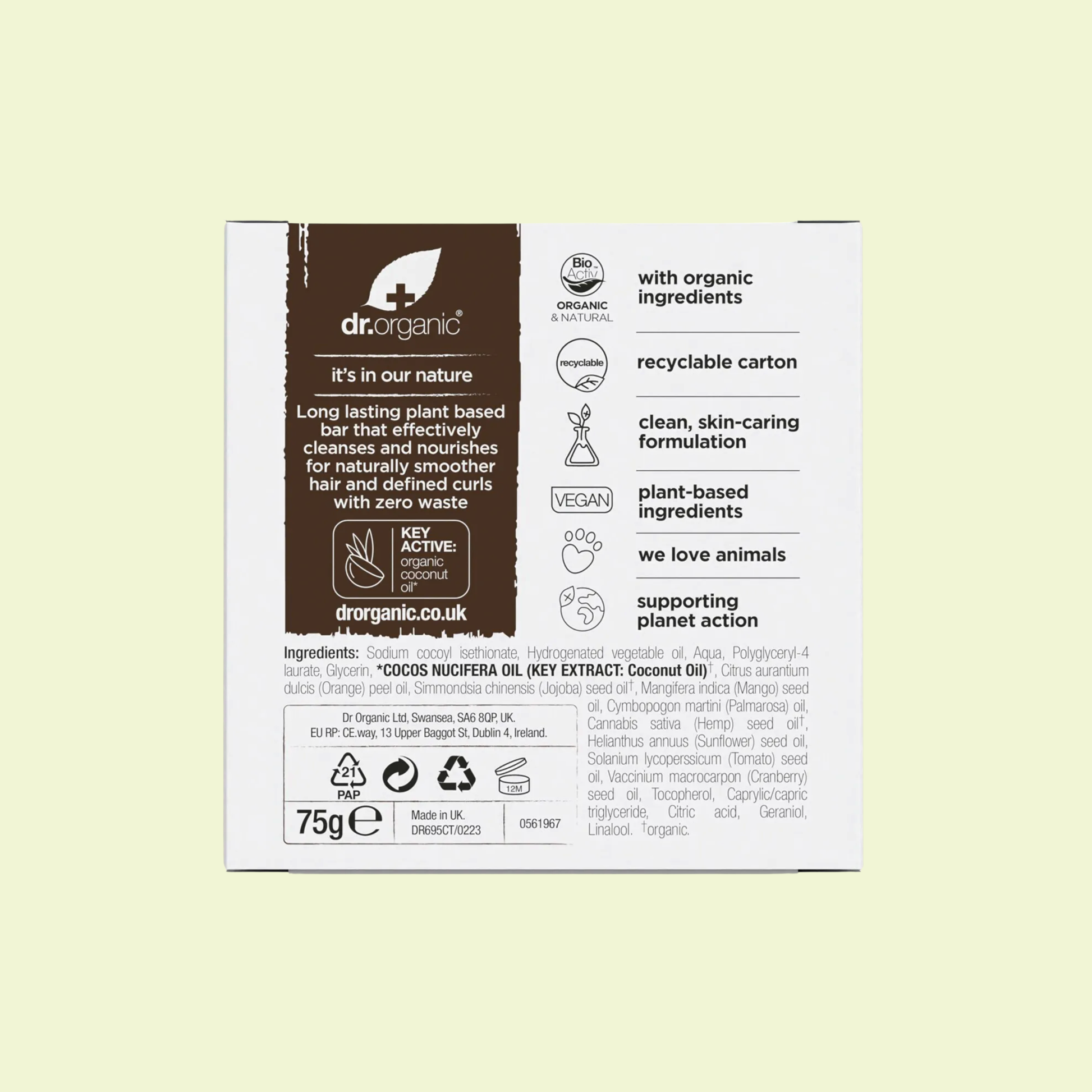 Dr. Organic product packaging with label on a light beige background