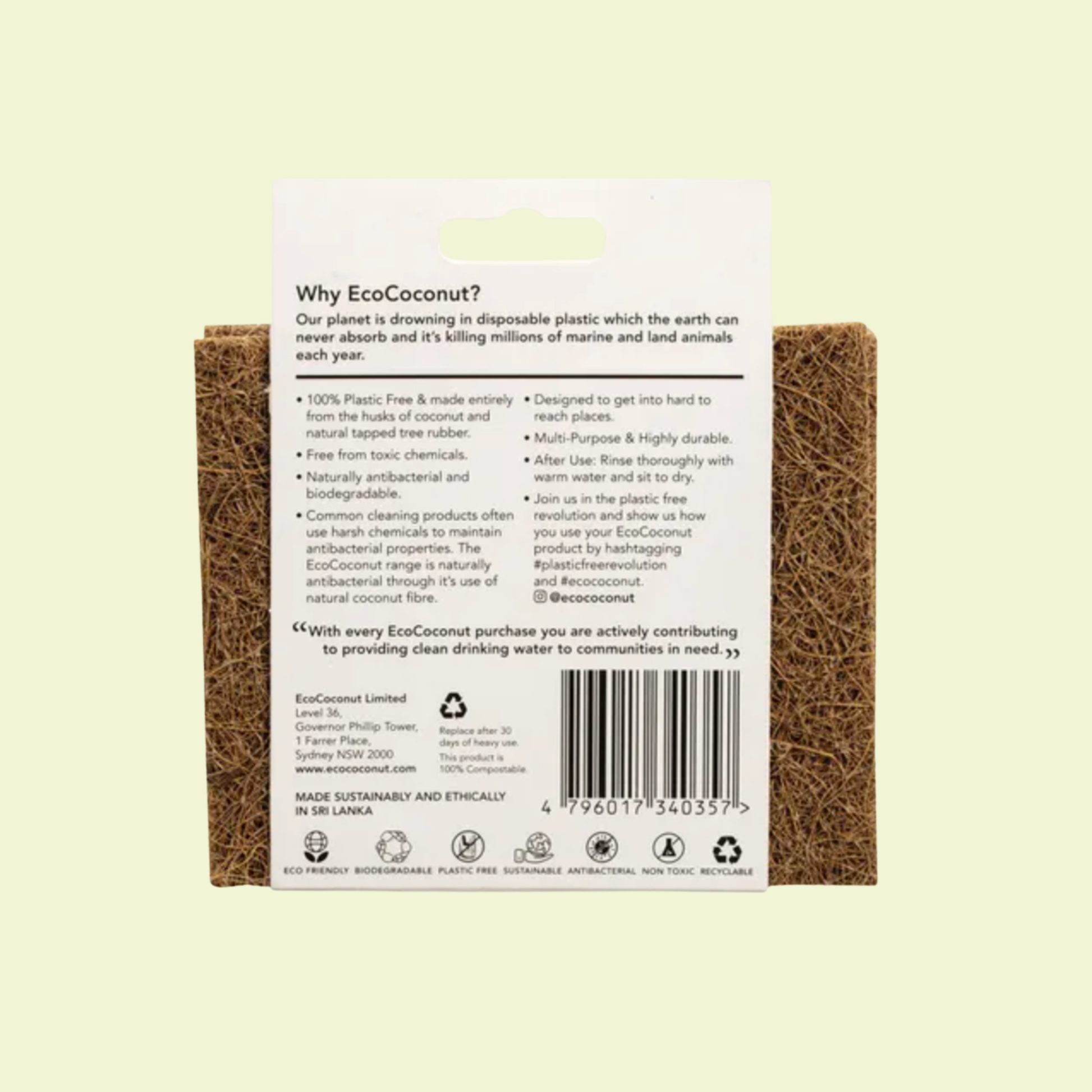Back of a coconut-based product packaging with text on a light yellow background