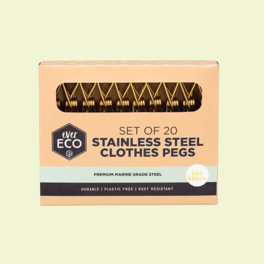 Box of stainless steel clothes pegs with 'ever Eco' branding on a light green background