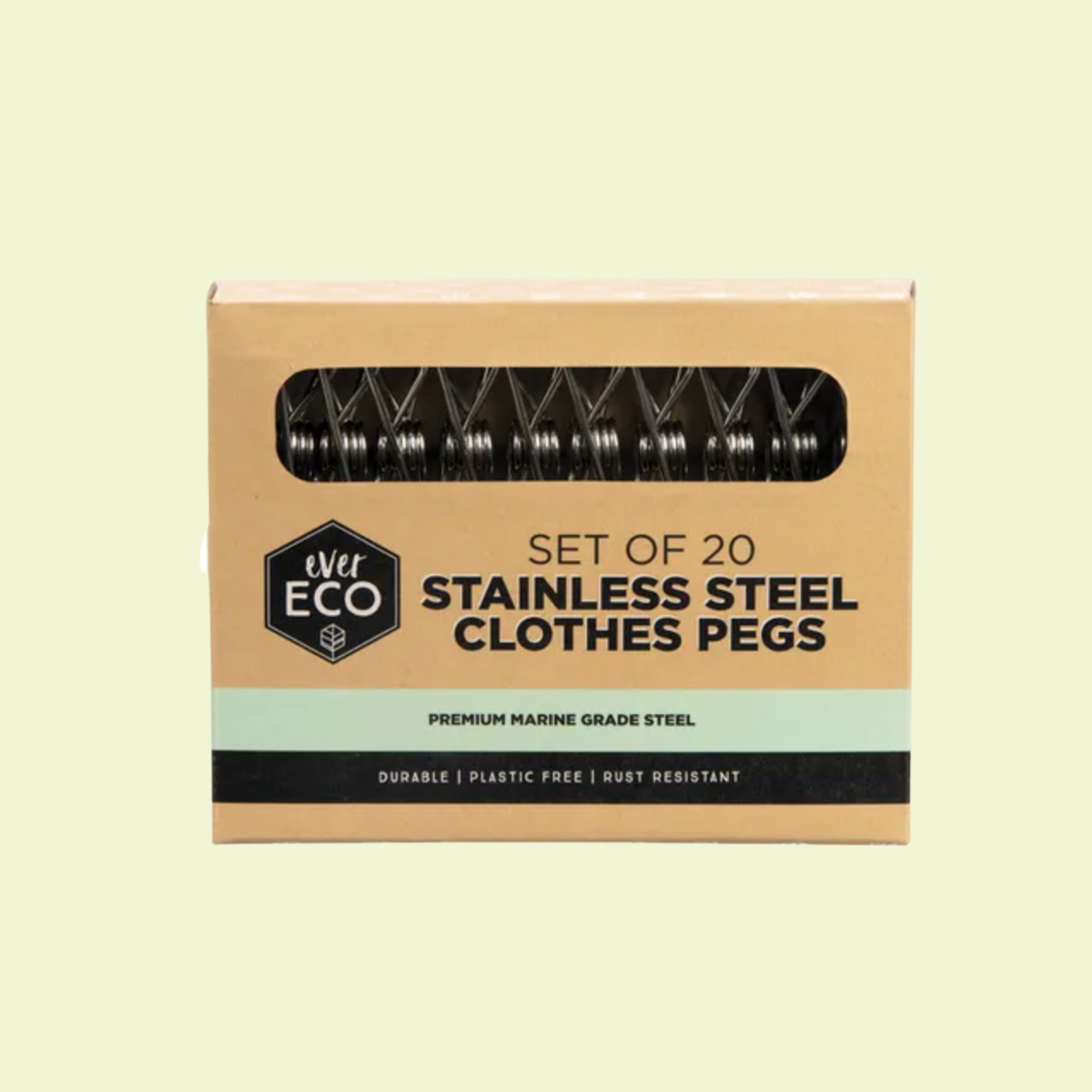 Box of stainless steel clothes pegs with visible branding on a beige background