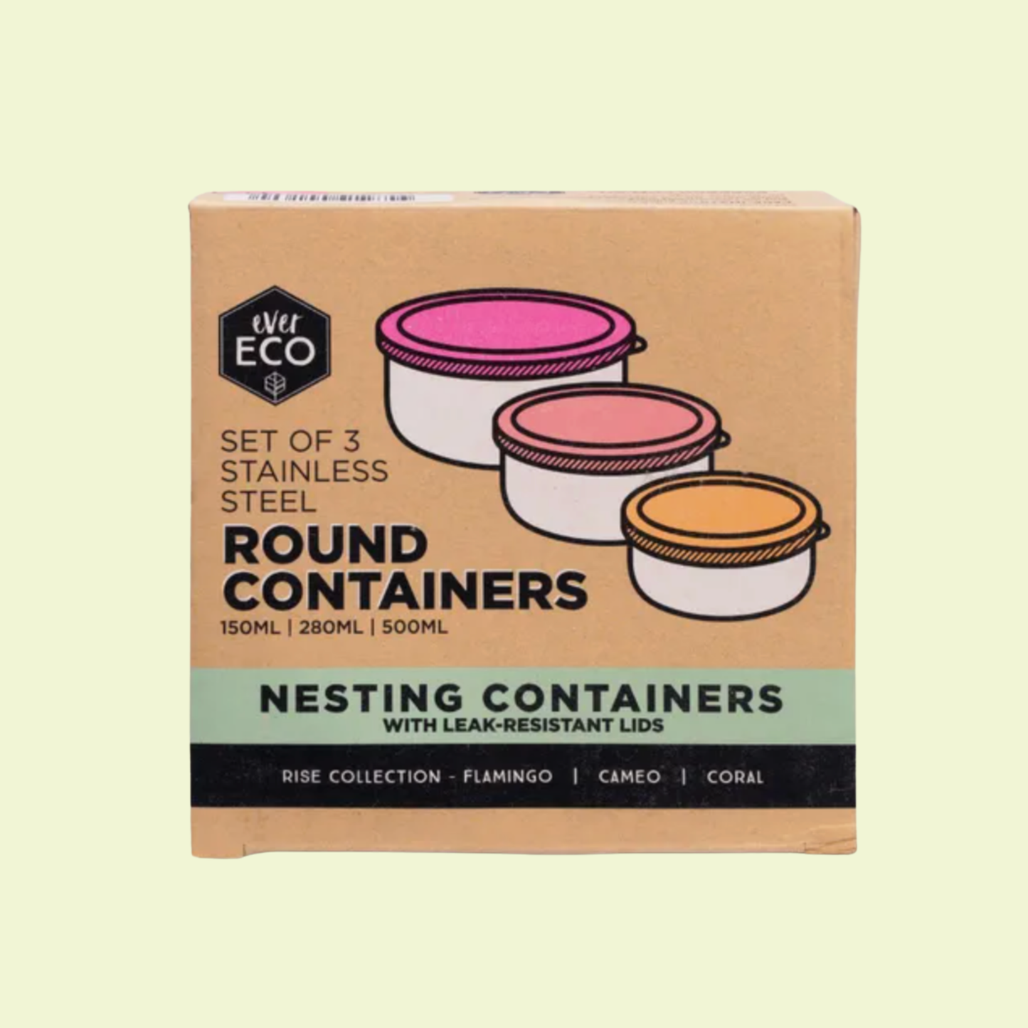 Ever Eco Stainless Steel Round Containers Rise Leak Resistant 3pk