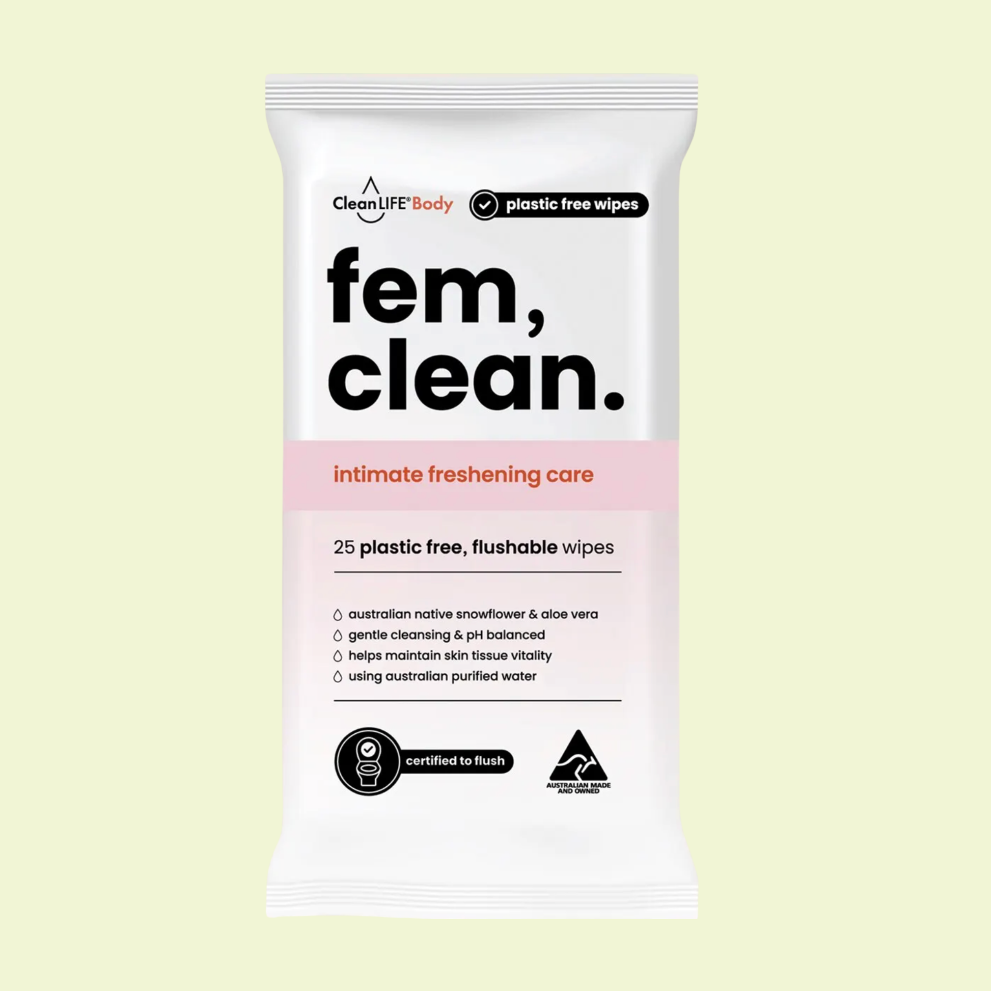 Package of 'fem, clean.' intimate freshness care wipes on a light yellow background