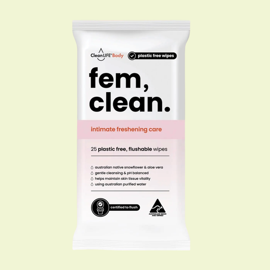 Package of 'fem, clean.' intimate freshness care wipes on a light yellow background