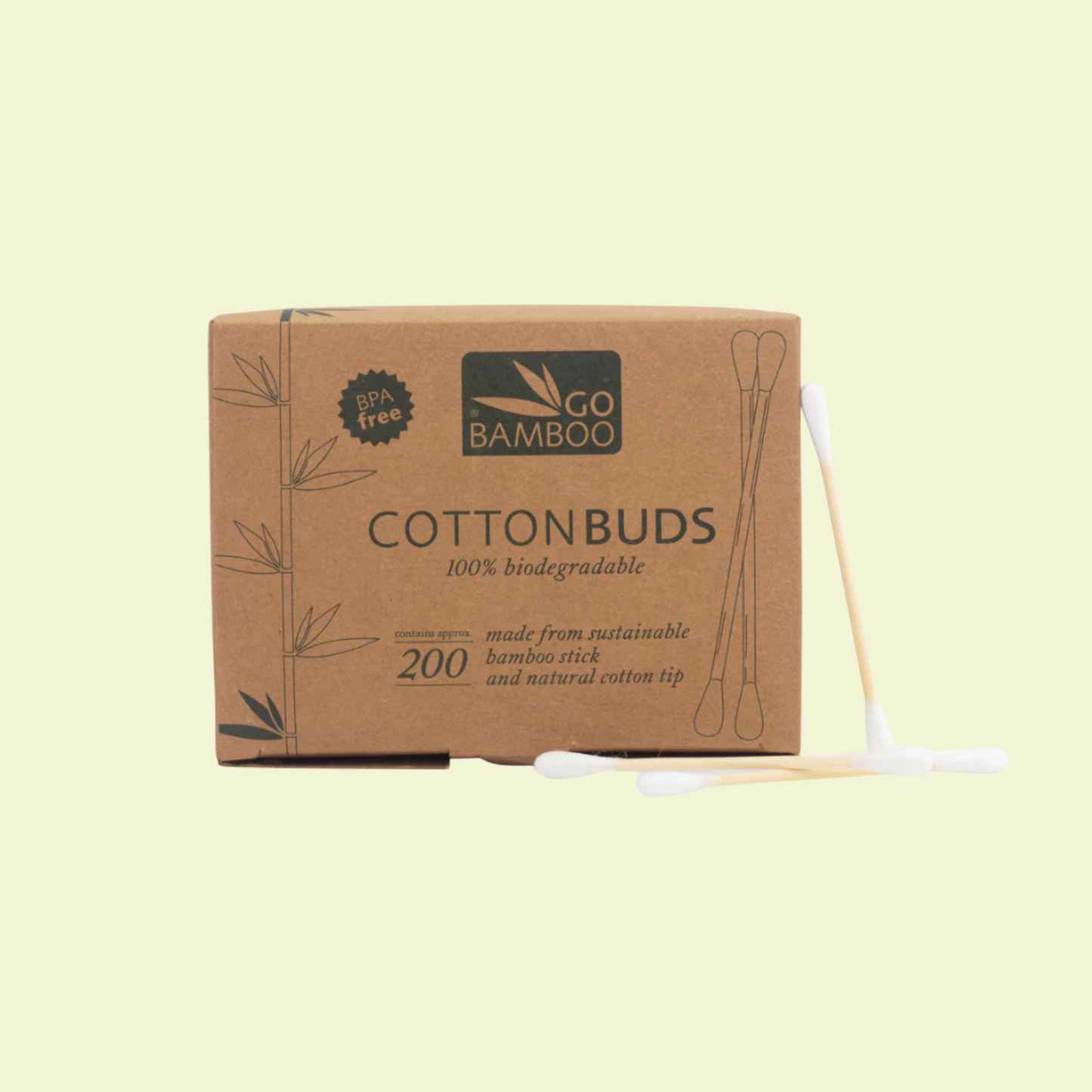 Box of Go Bamboo cotton buds on a light yellow background