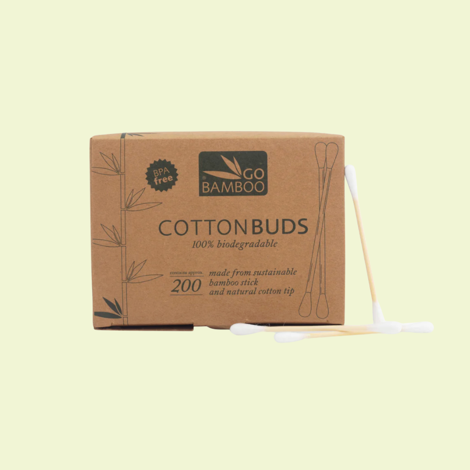 Box of Go Bamboo cotton buds on a light yellow background