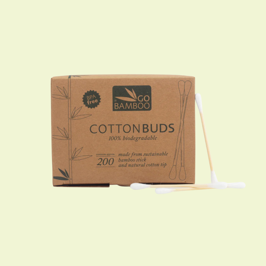 Box of Go Bamboo cotton buds on a light yellow background
