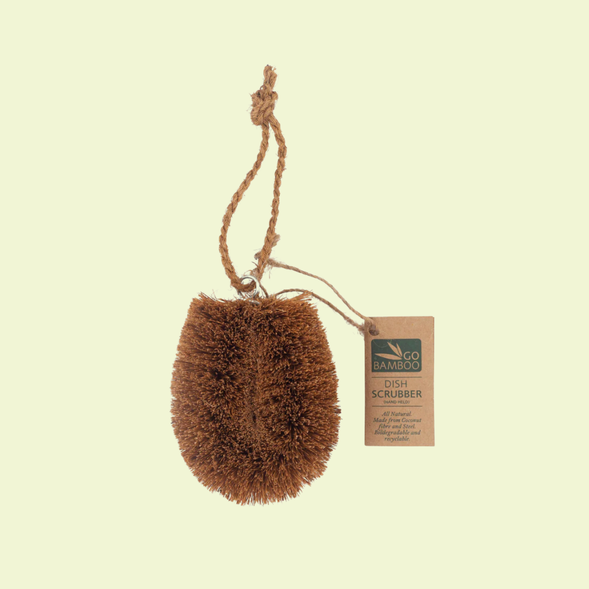 Brown dish scrubber with rope on a beige background