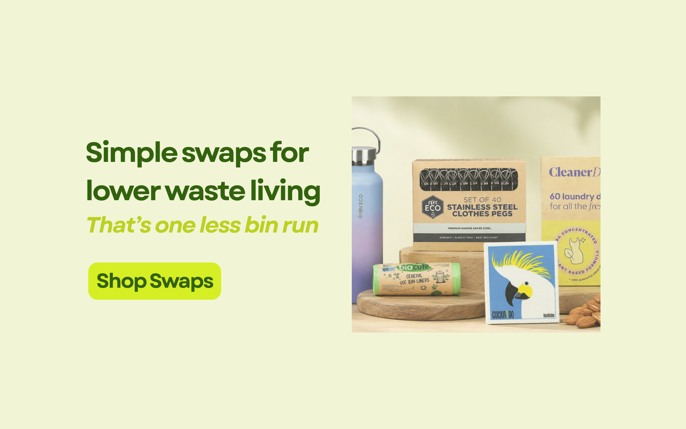 Promotional graphic for simple swaps for lower waste living with products and text on a light green background.