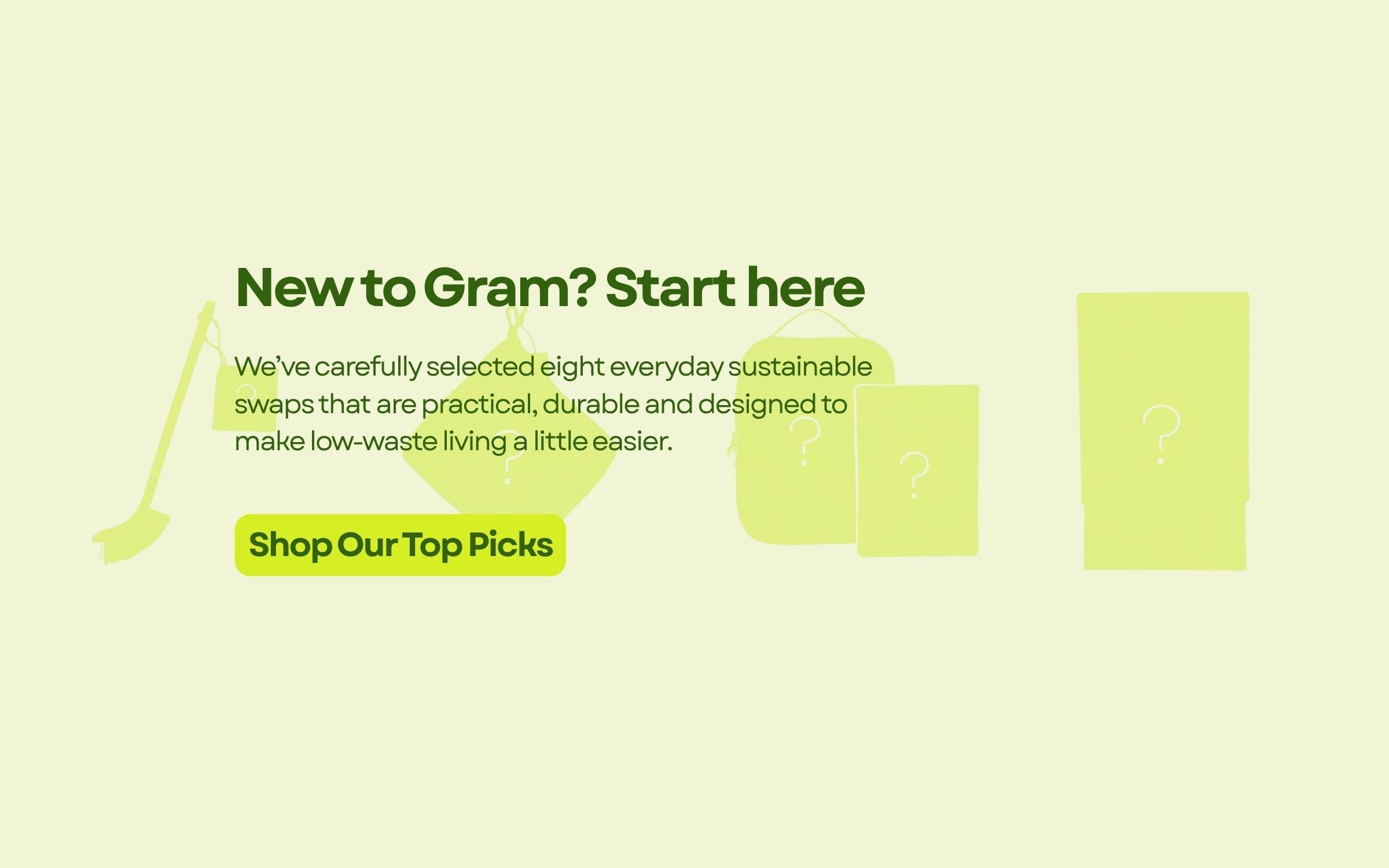 Promotional text on a light green background with a call to action to shop sustainable products.