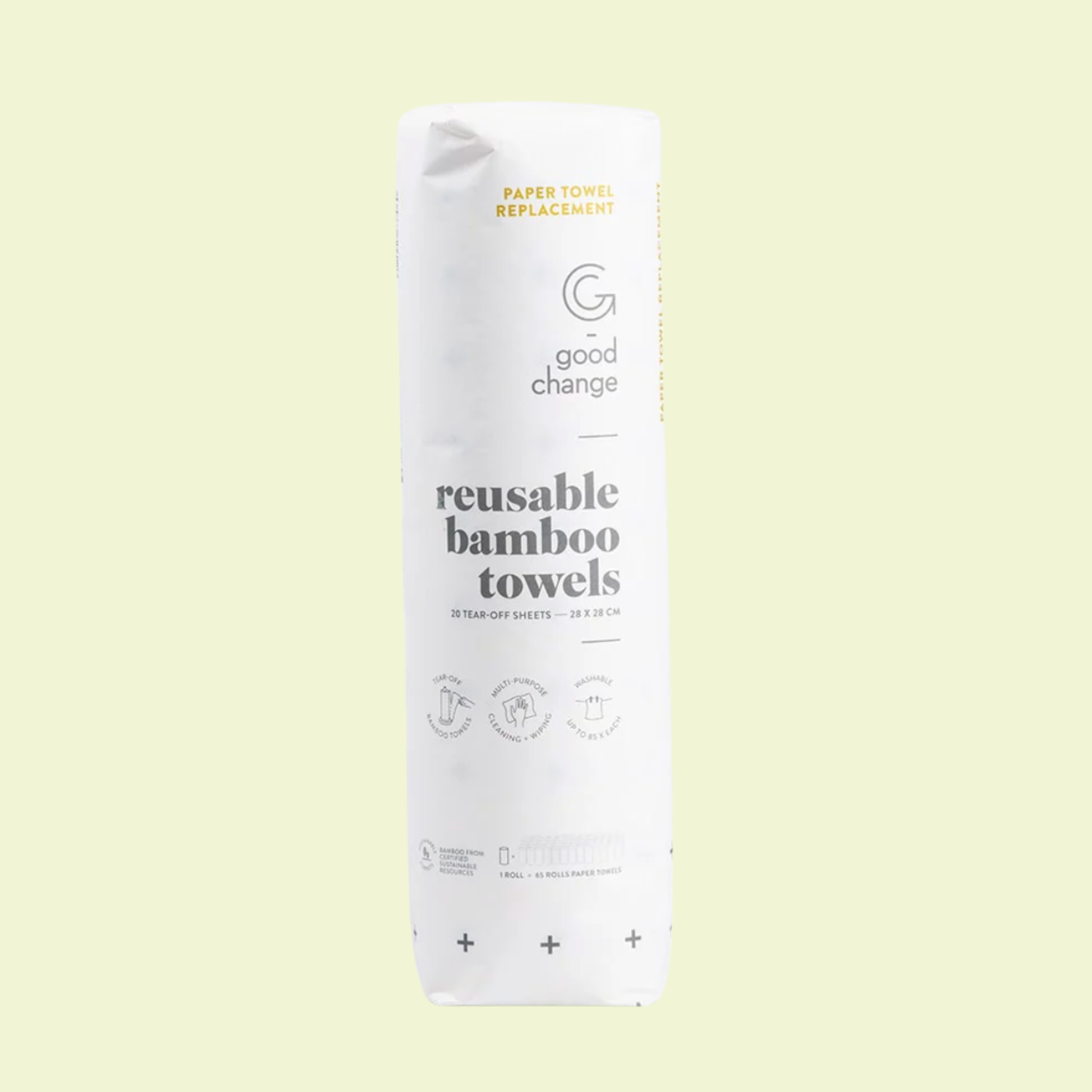 Pack of reusable bamboo towels with 'Good Change' branding on a light yellow background