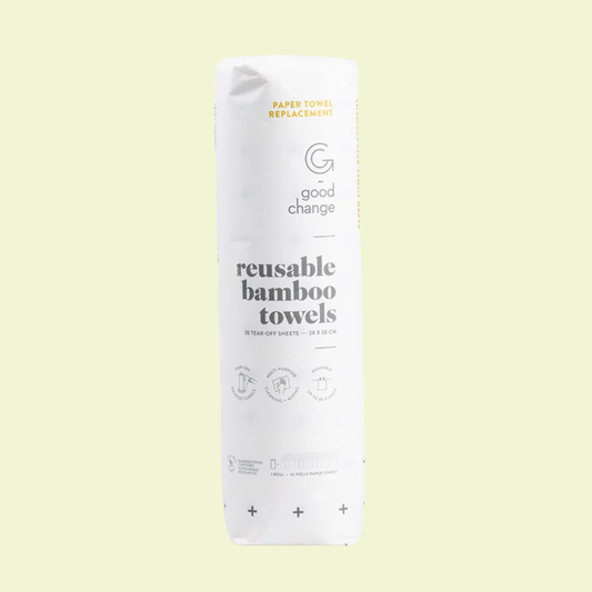 Pack of reusable bamboo towels with 'Good Change' branding on a light yellow background