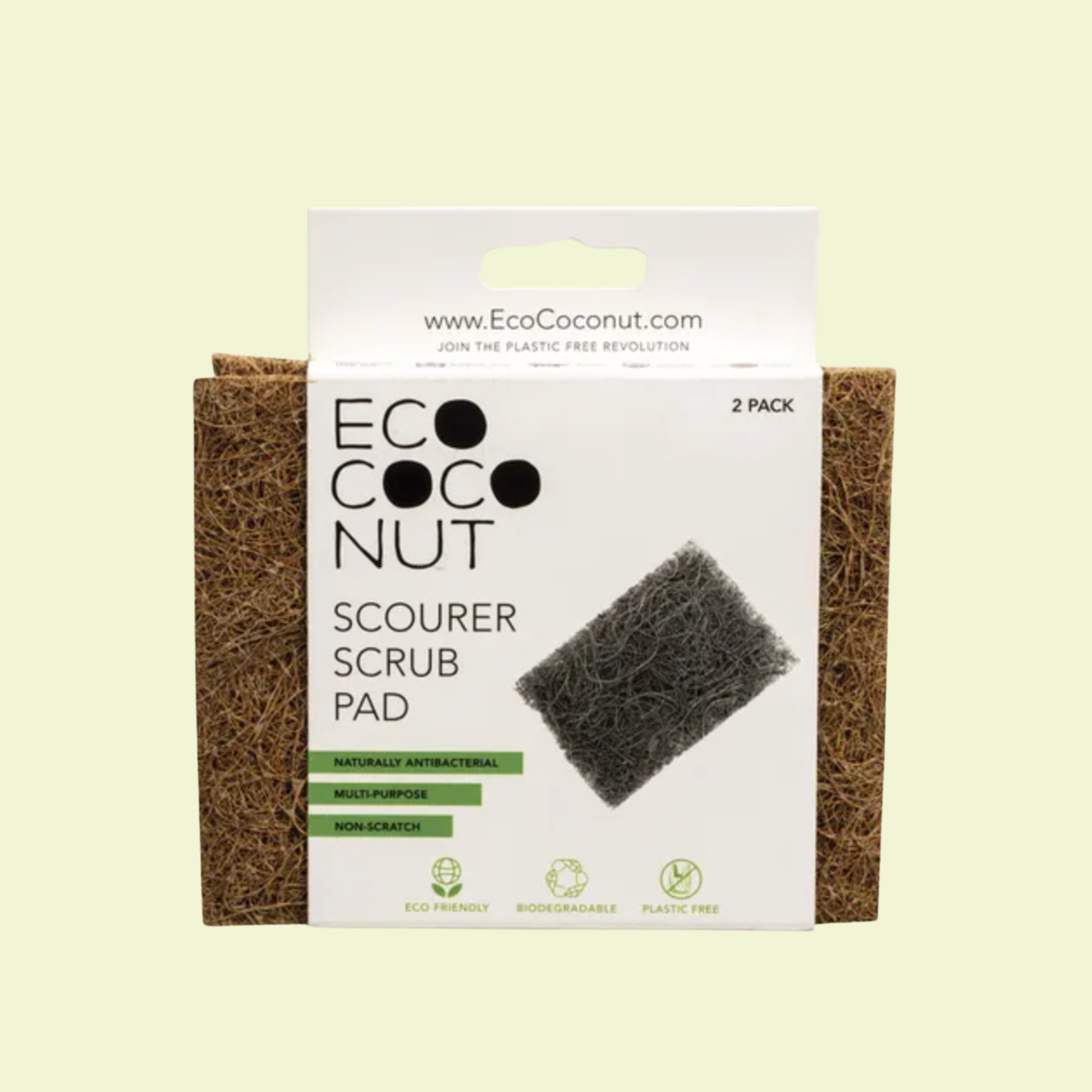 EcoCoconut scourer scrub pad packaging on a light yellow background