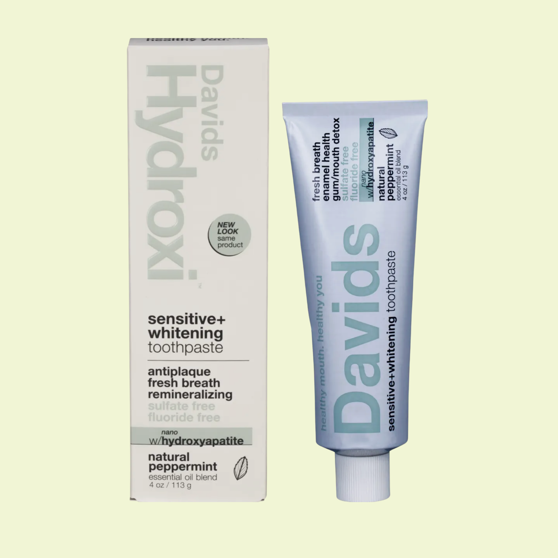 Davids Hydroxi sensitive whitening toothpaste tube and packaging on a light green background